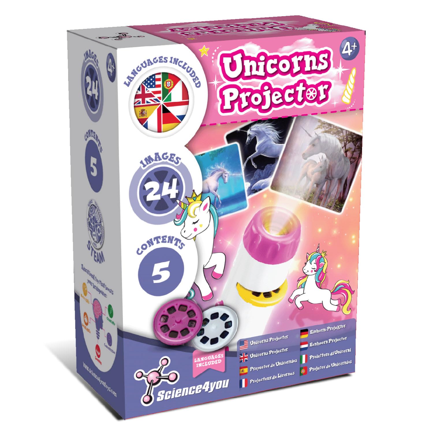 Science4you Unicorn Torch Projector for Kids - Educational Flashlight with 3 Slide Discs, 24 Images, Ages 4+