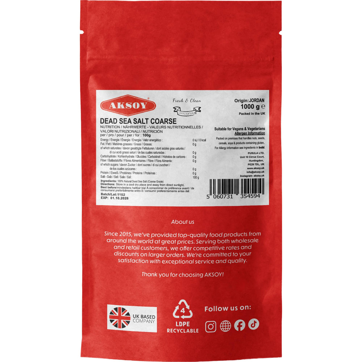 AKSOY Dead Sea Salt 1kg - Coarse Mineral Bath Salts, Food Grade