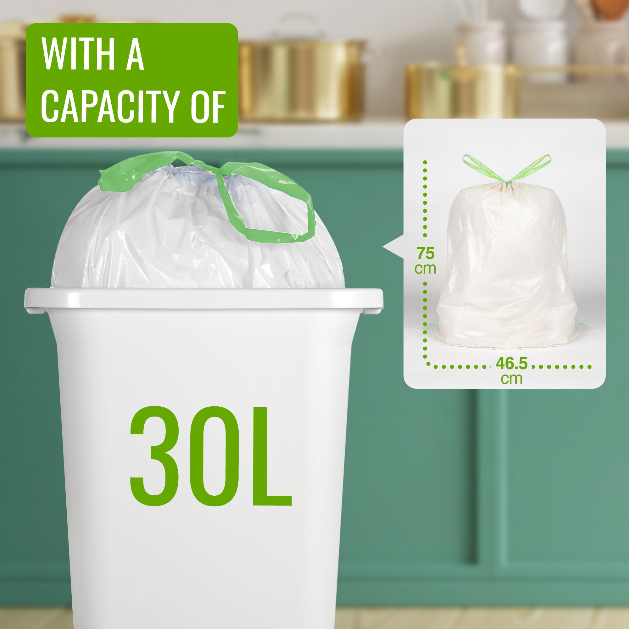 EcoBag 30L Kitchen Bin Liners - 40 Count Drawstring Bags | 25 Microns Thick | 98% Recycled Material 2