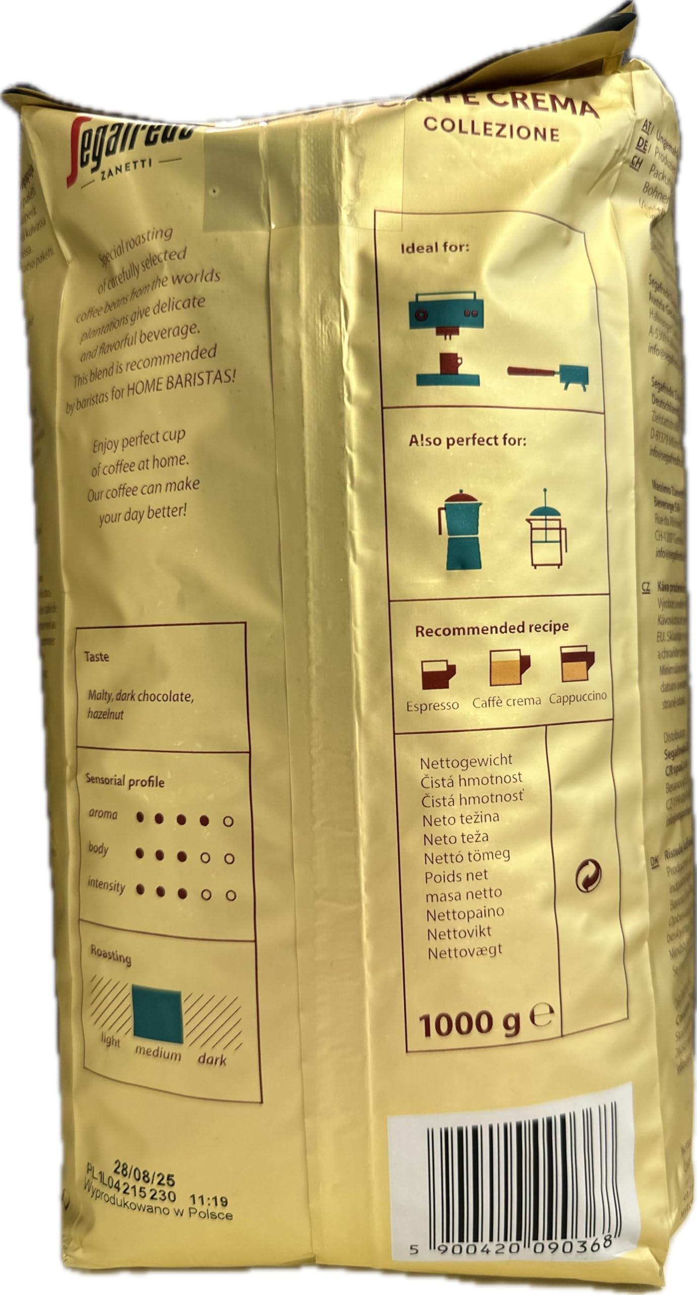 Segafredo Zanetti Caffè Crema Collezione Roasted Whole Coffee Beans 1kg Pack