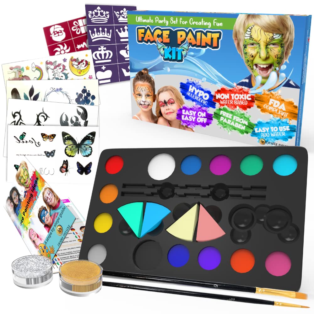 Desire Deluxe Face Paints for Children Halloween Make Up Set | 14 Colors, 2 Glitters, 64 Items Total