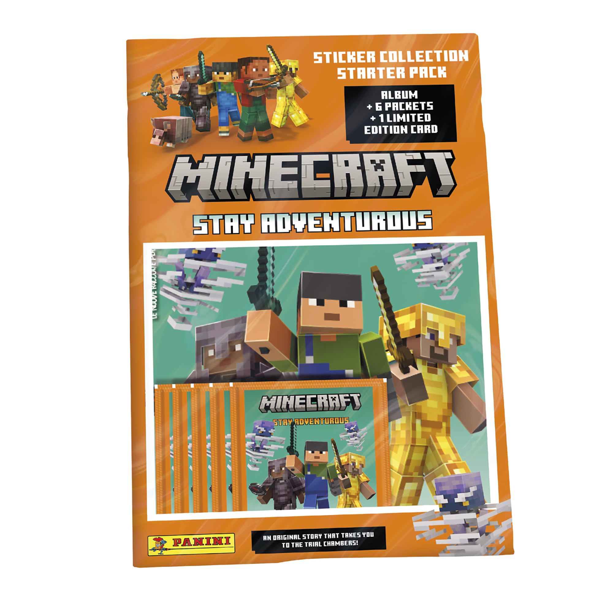 Panini Minecraft Stay Adventurous Sticker Collection - Starter Pack with Sticker Album, 6 Sticker Packets & 1 Limited Edition Block Card