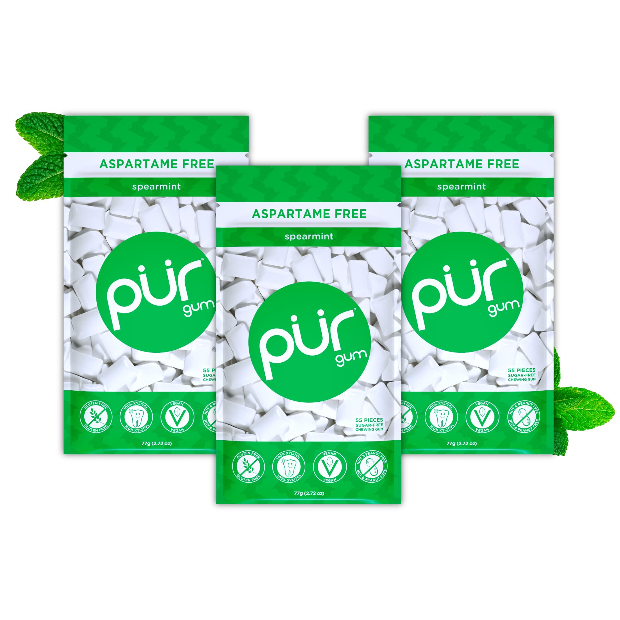 PUR Gum - Sugar Free Spearmint Chewing Gum | Xylitol Sweetened | Vegan, Keto Friendly | 55 Count (Pack of 3) 1