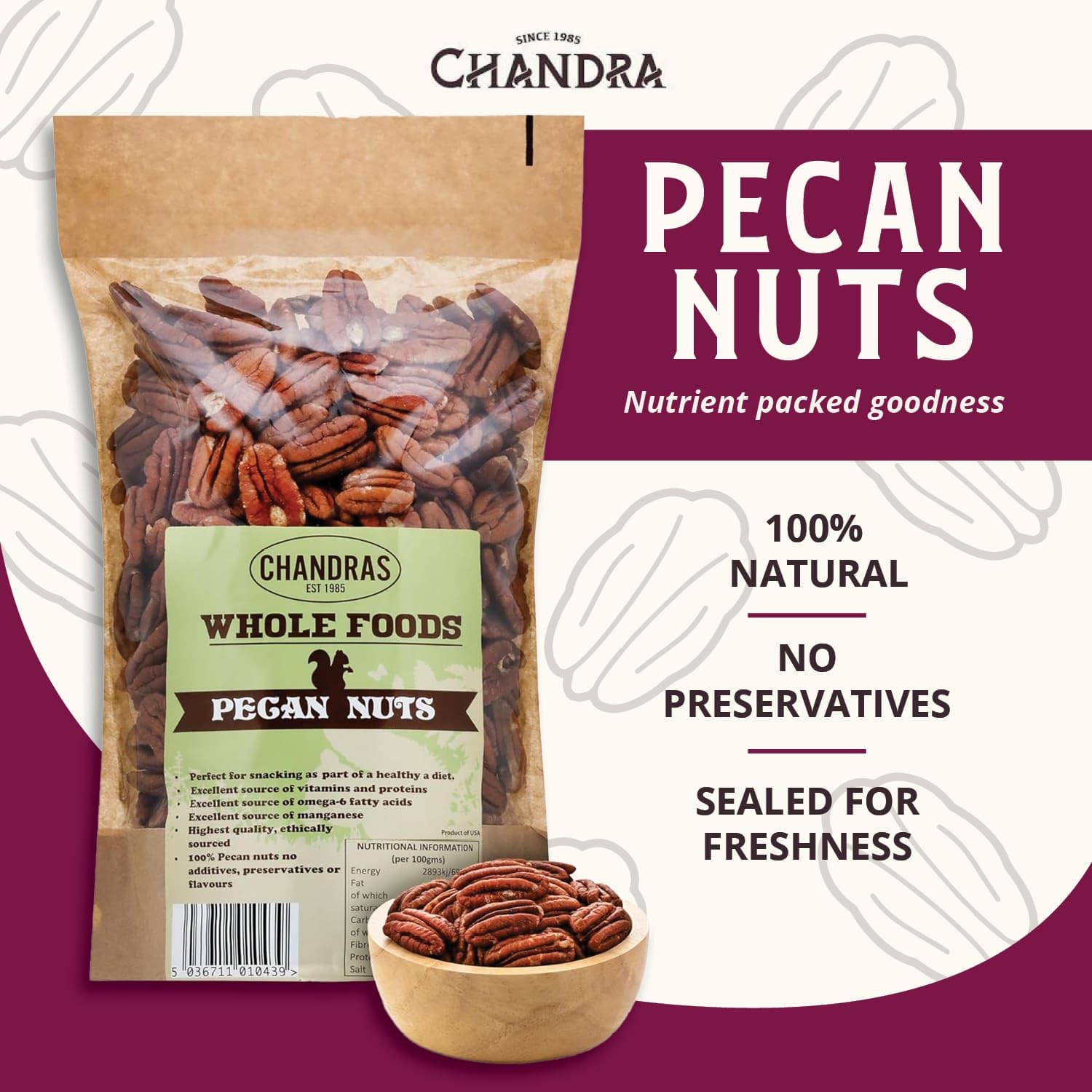 CHANDRA Pecan Nuts - 1kg Bag | Whole, Raw, Gluten-Free, Keto-Friendly 2