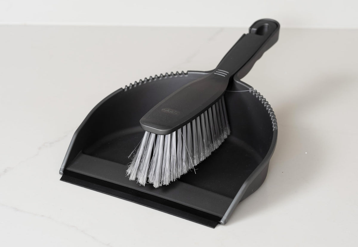 Addis Dustpan & Brush Set - Stiff Nylon Bristles, Metallic Silver