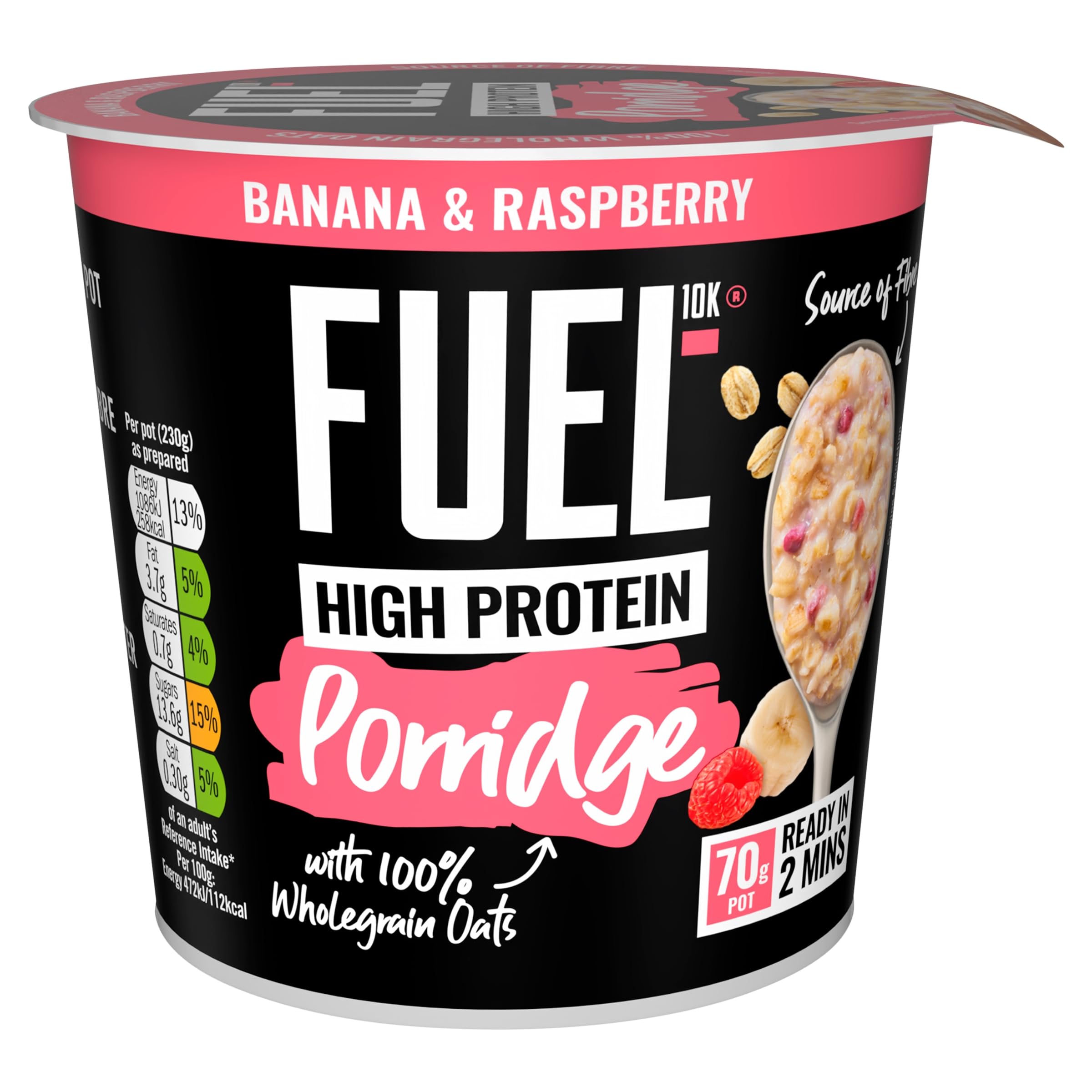 FUEL10K High Protein Banana & Raspberry Porridge Pot - 13g Protein, Wholegrain Oats | 8 Pack