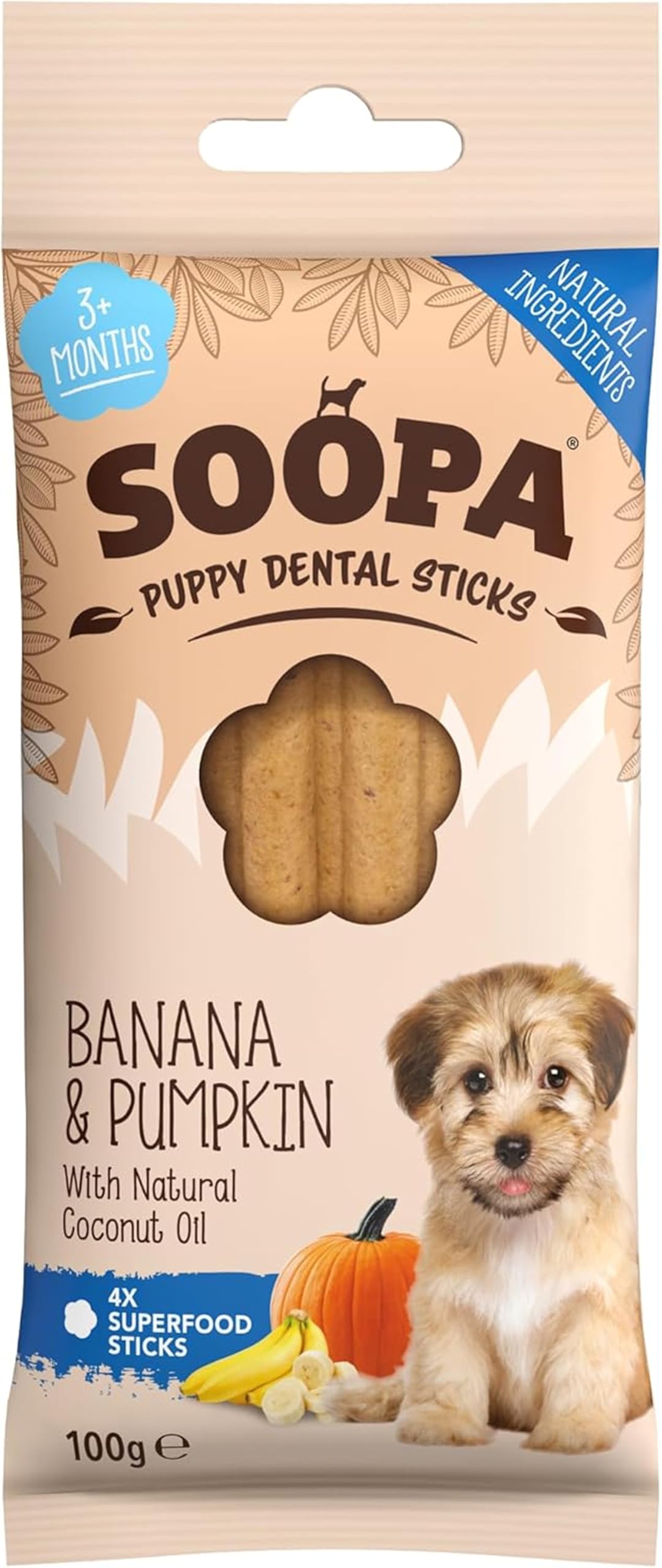 Soopa Banana & Pumpkin PUPPY Dental Sticks for All Life Stages | Low-Fat, Allergen-Free | 110g Bag