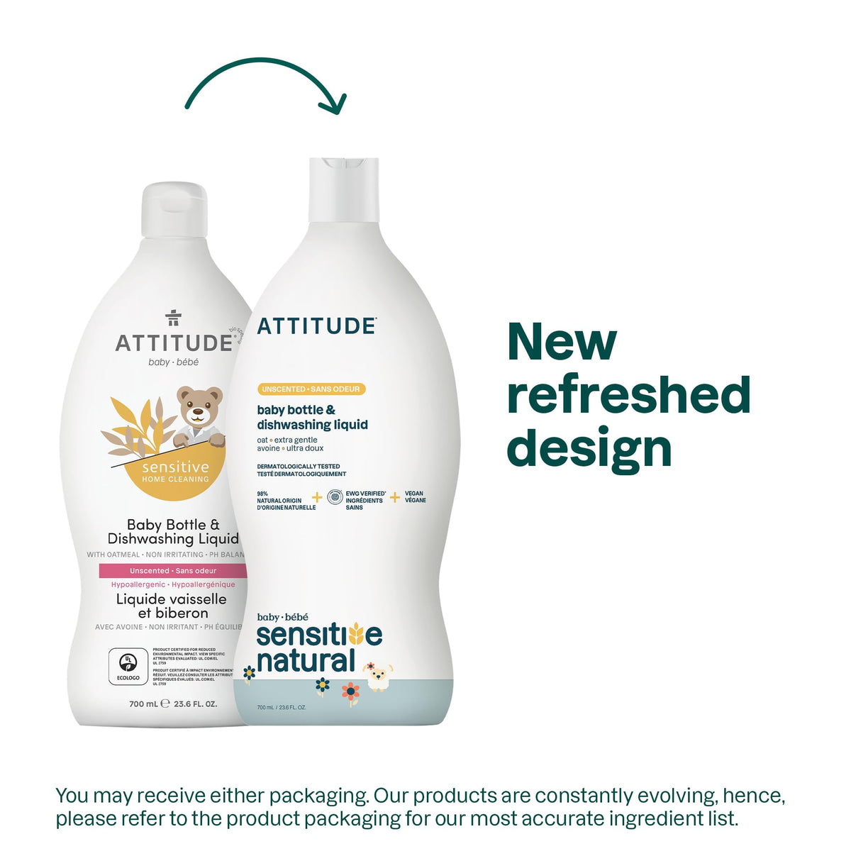 ATTITUDE Sensitive Skin Baby Natural Bottle and Dishwashing Liquid - EWG Verified, Unscented, Vegan Formula, 700 ml