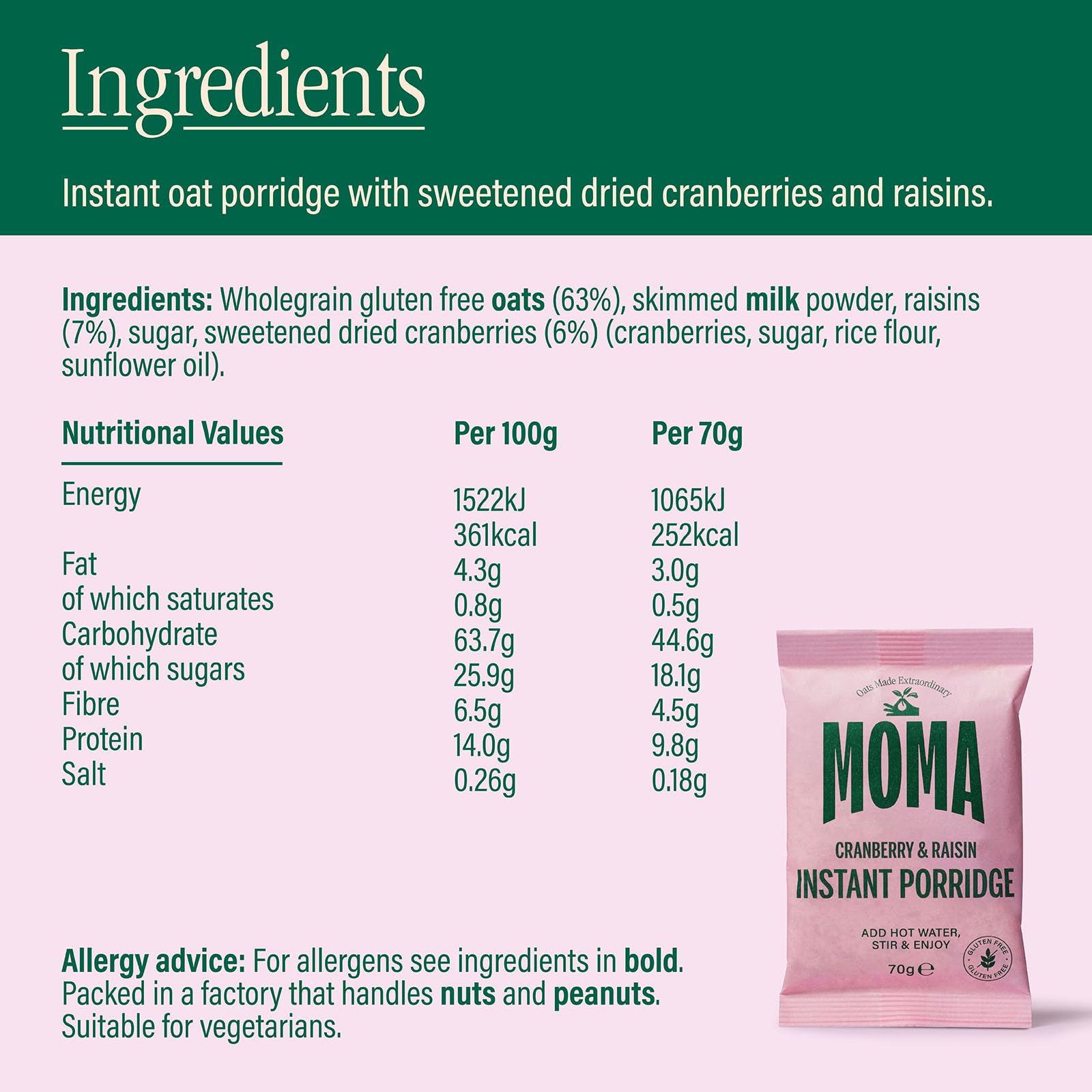 MOMA Porridge Sachets Cranberry & Raisin - Box of 5 x 70g - Gluten Free, High Fibre, Source of Protein 4