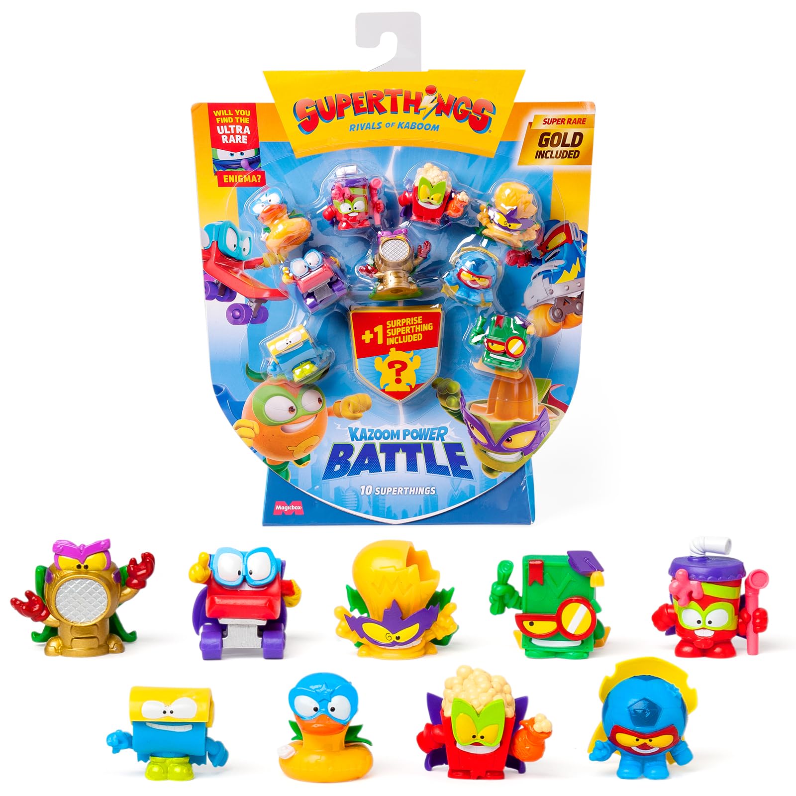 SUPERTHINGS RIVALS OF KABOOM Kazoom Power Battle Action Figures - 10 Pack with Gold Captain Surprise