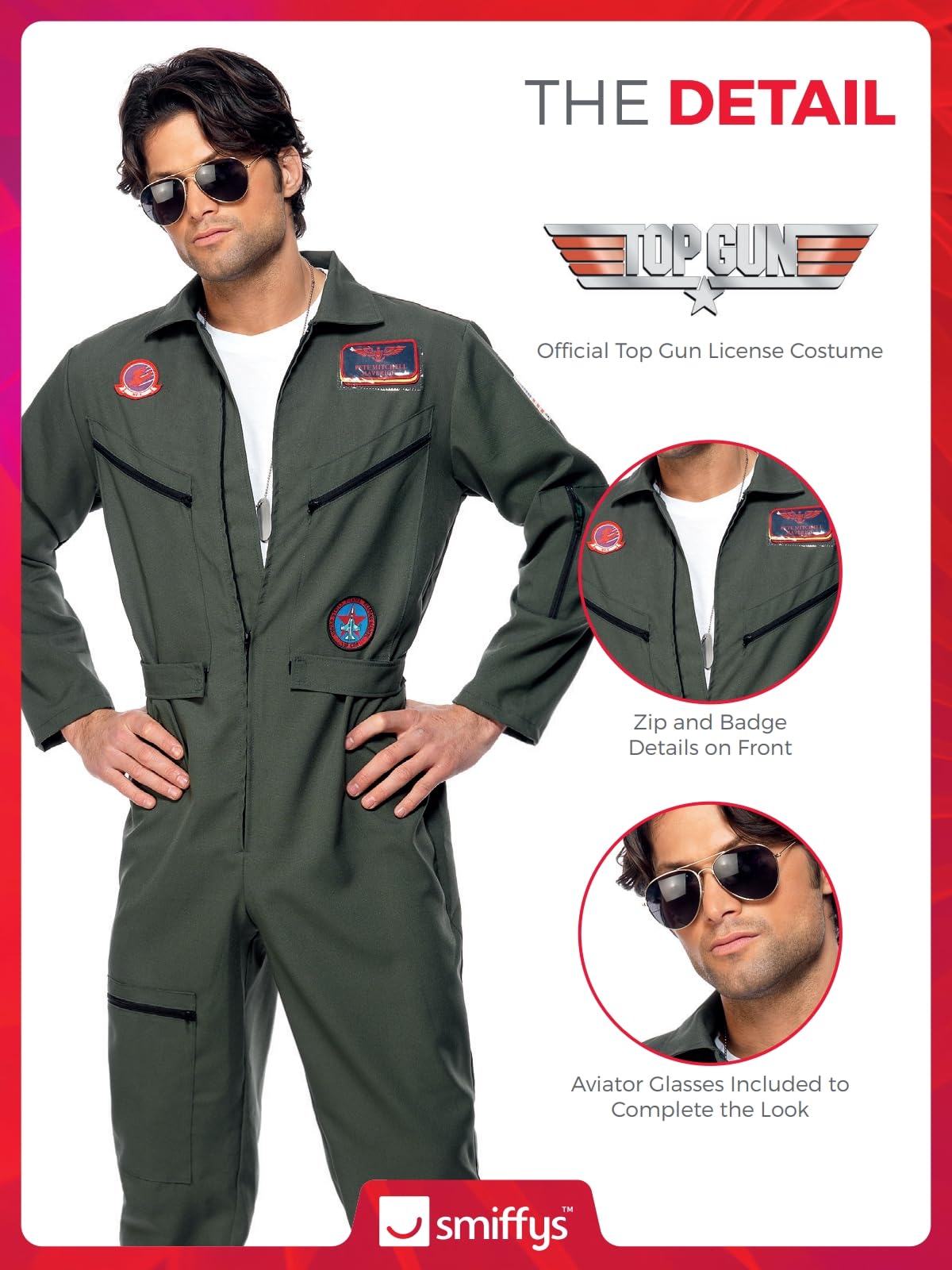 Smiffys Top Gun Pilot Costume - Jumpsuit, Name Tags & Sunglasses (Green) XL 7
