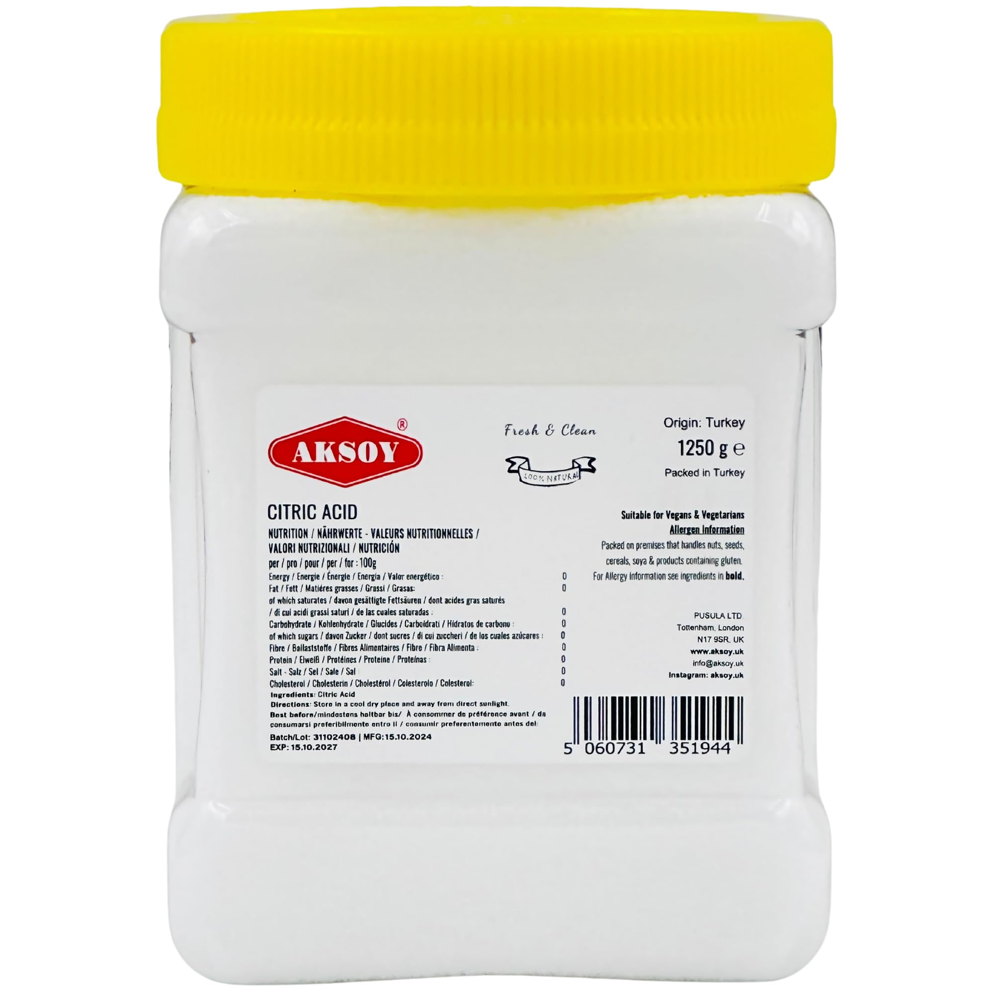 Aksoy - Citric Acid Food Grade 1.25kg | Non-GMO, Anhydrous, for Cleaning, Canning & Bath Bombs 1