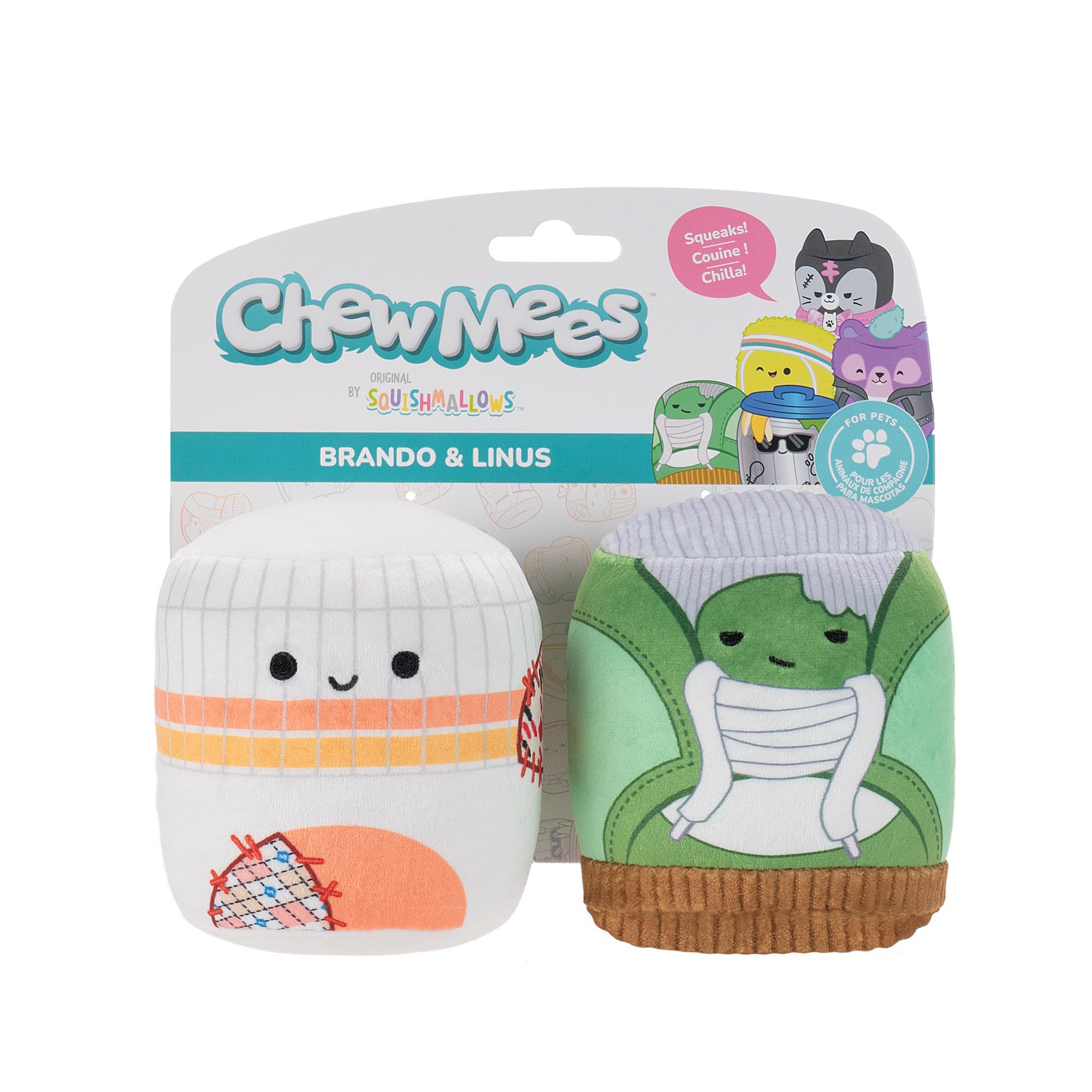 Squishmallows Chewmees Brando Shoe & Linus Sock Pet Toys - Squeaky Plush, 2-Piece Set
