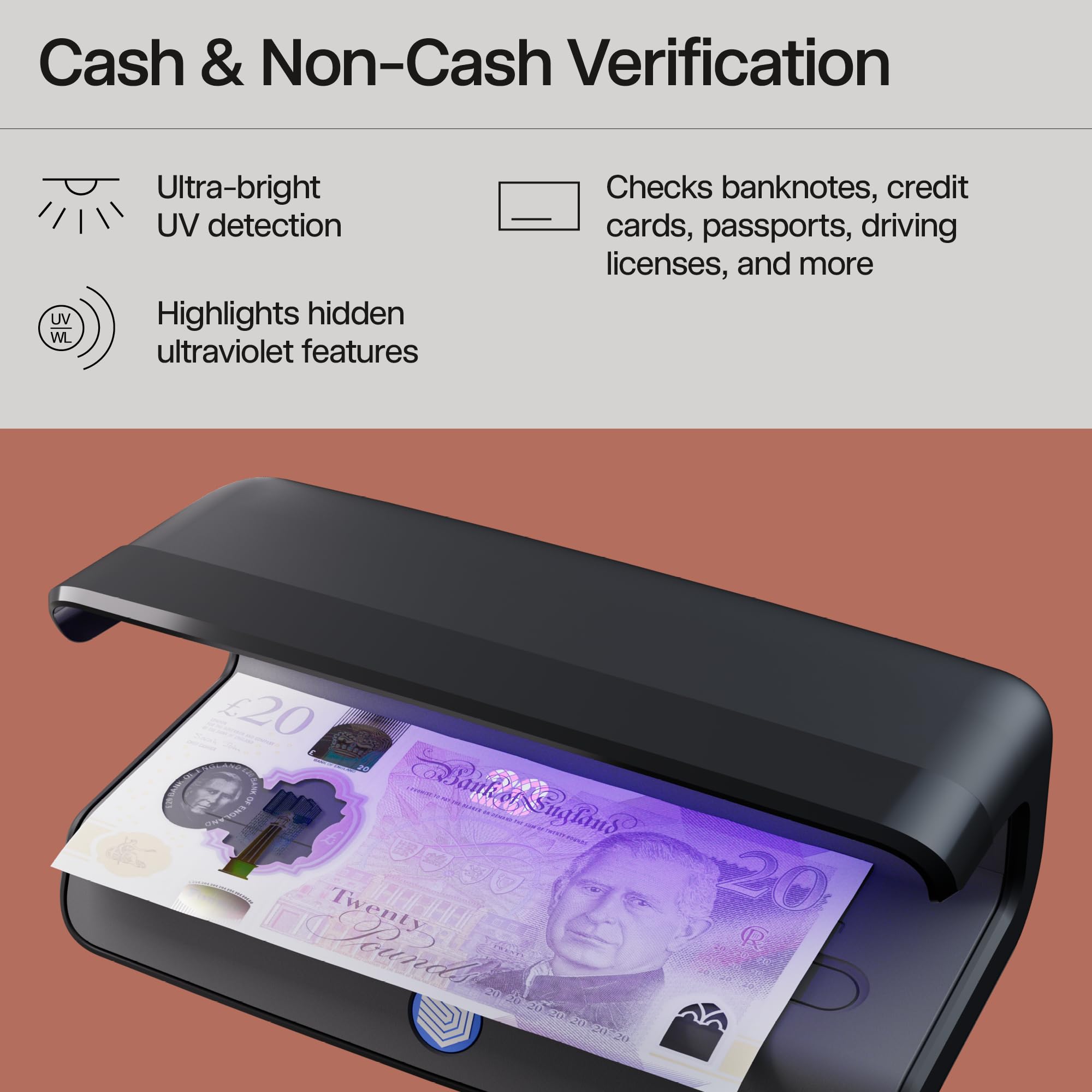 Safescan 55 LED Counterfeit Detector with Ultra-Bright UV Light | Global Currency Support | USB-C