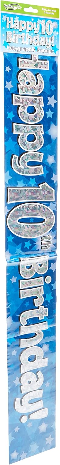 OakTree Happy 10th Birthday Foil Holographic Banner - Blue, 9 ft