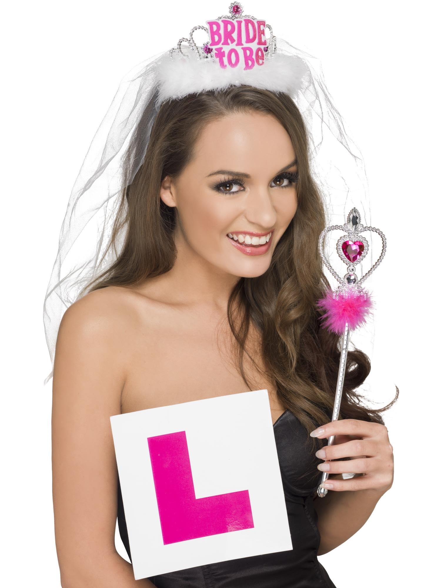Smiffys Hen Party Kit - Bride to Be Tiara & Veil, L Plate Badge | Pink & White | One Size
