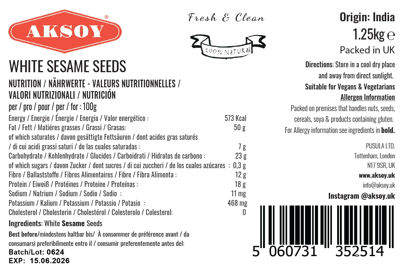 AKSOY Hulled Sesame Seeds - 100% Natural, Non-GMO, Fresh | 1250g