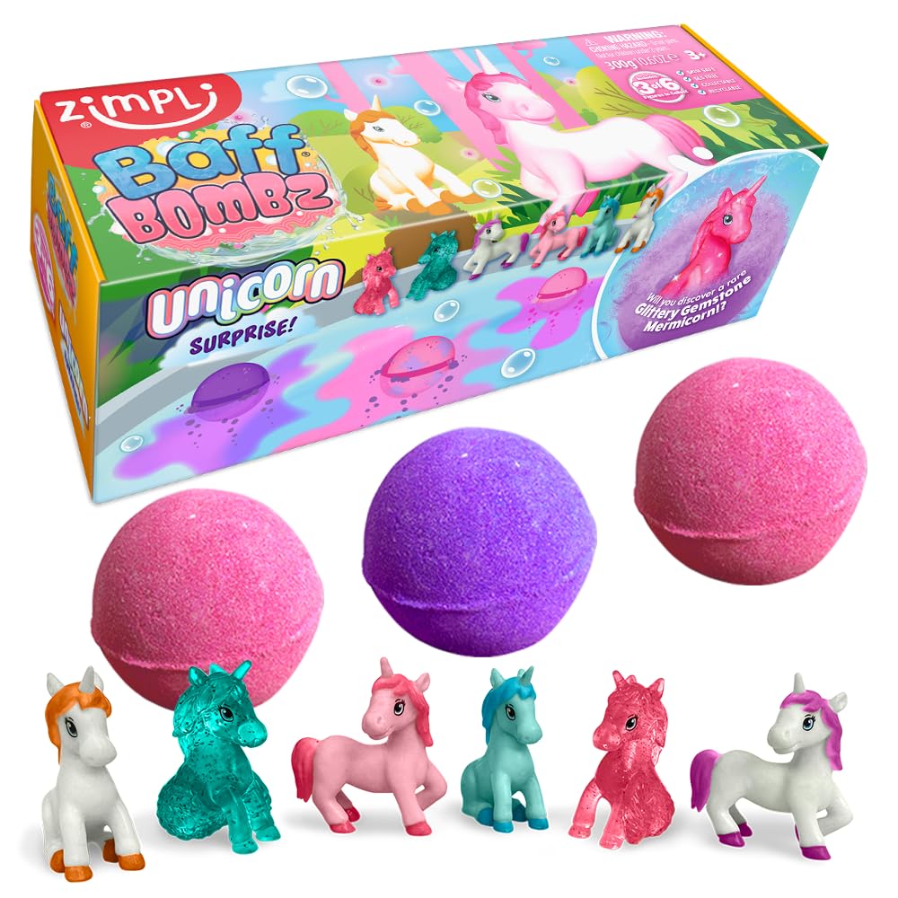 ZIMPLI Unicorn Surprise Bath Bombs - 3 Pack, Fruity Scent, Includes Collectible Toy