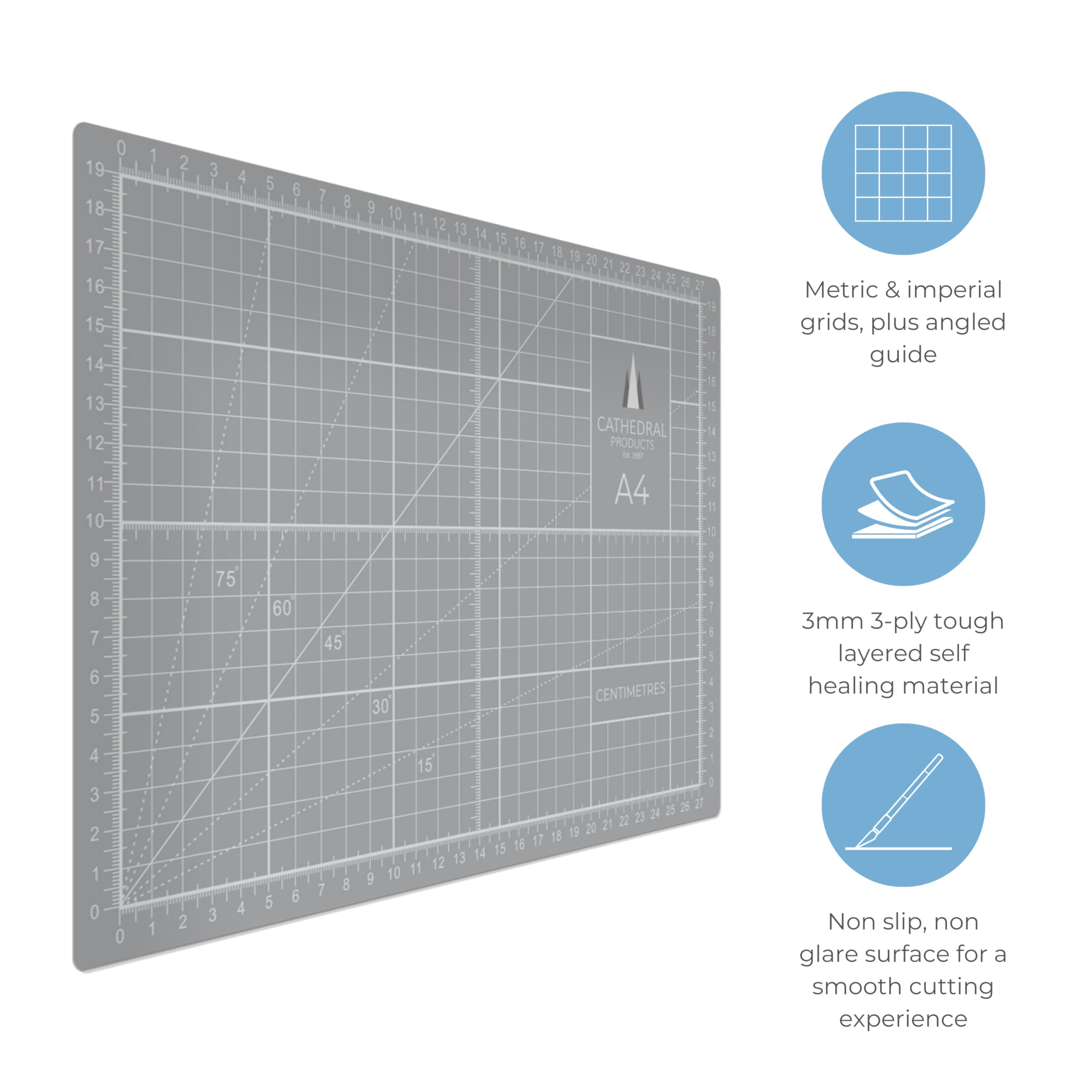 Cathedral Products A4 Double-Sided Self-Healing Cutting Mat | 3mm Thick | Grey 3