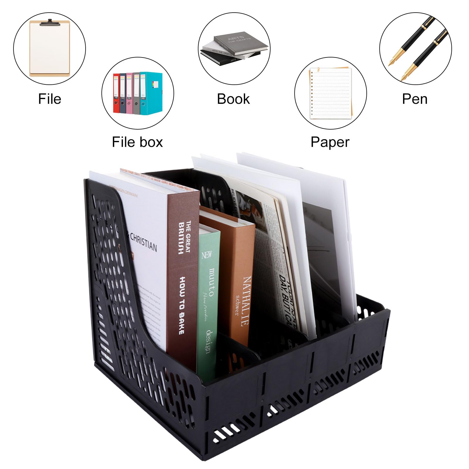 ASelected 4-Compartment Collapsible Magazine File Holder - Durable PP Plastic Desktop Organizer | Black 7