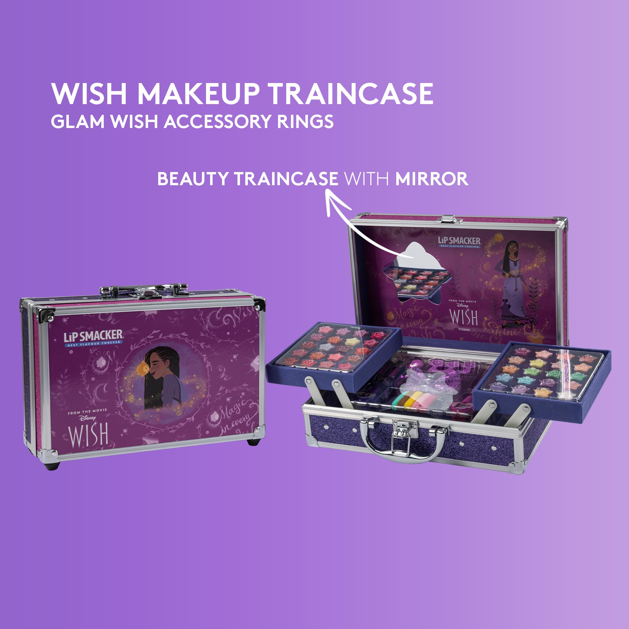 Lip Smacker Disney Wish Makeup Traincase for Kids, Multicolor Plastic Cosmetic Case with 20 Lip Glosses, 20 Eyeshadows, 2 Nail Polishes & Accessories 3