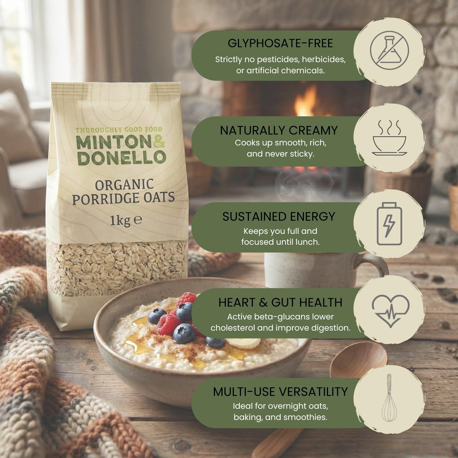 Minton & Donello Organic Porridge Oats - Creamy Texture, Versatile Baking Staple | 1kg Pack 4