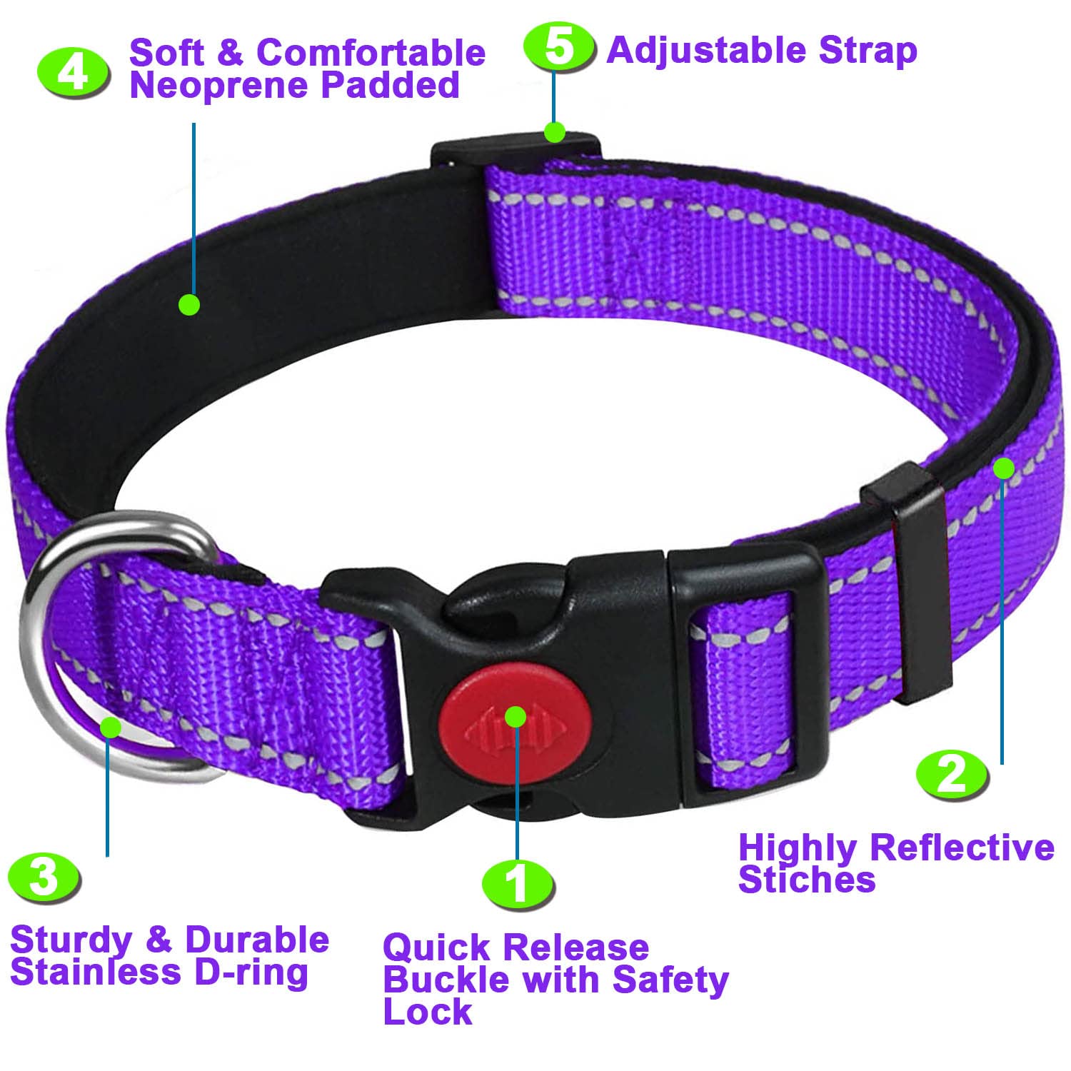 ATETEO Reflective Adjustable Dog Collar with Soft Neoprene - Purple, Size S 2