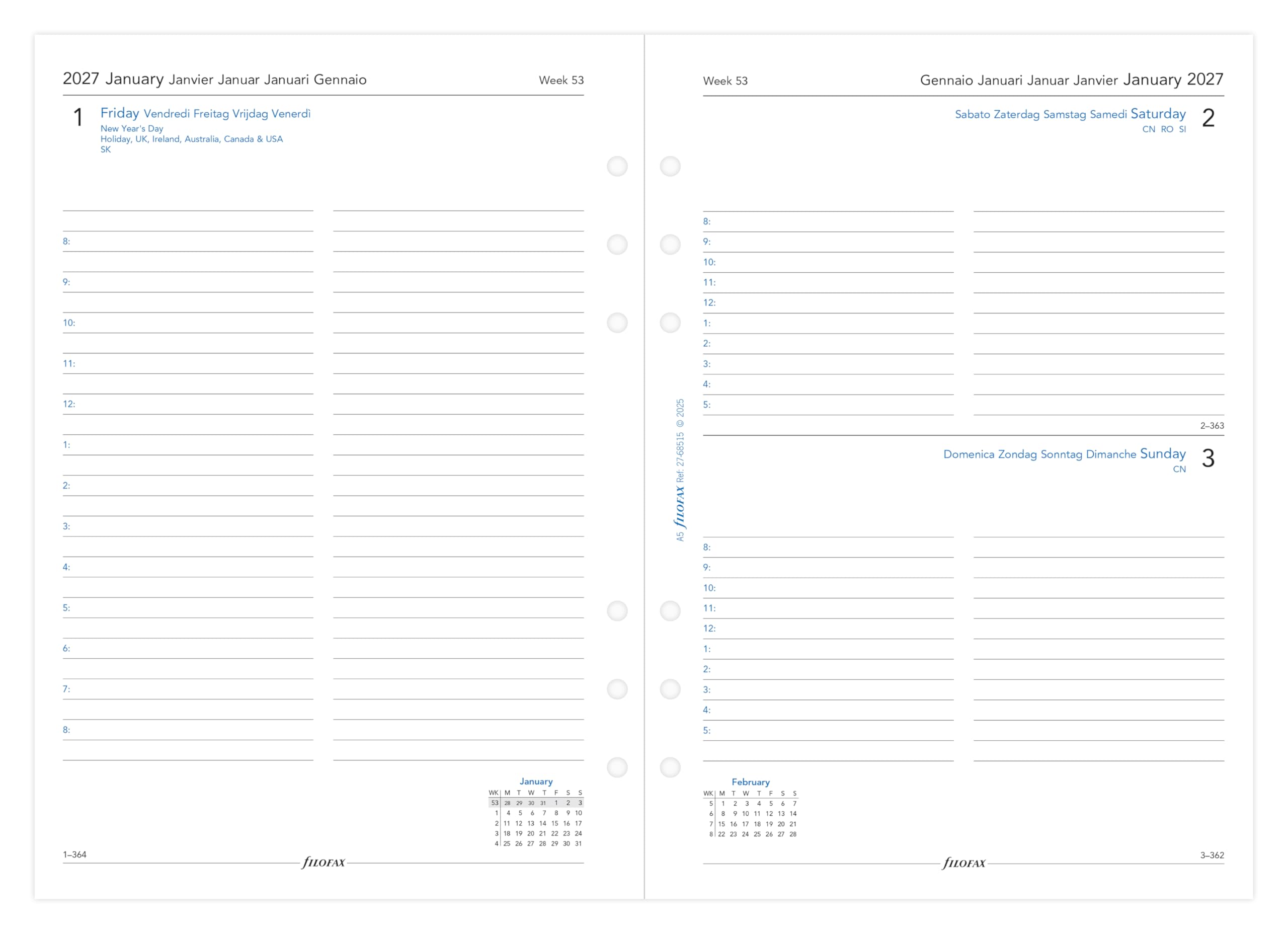 Filofax A5 Day Per Page 2027 Diary Refill | 5 Language Appointments | 148mm x 210mm