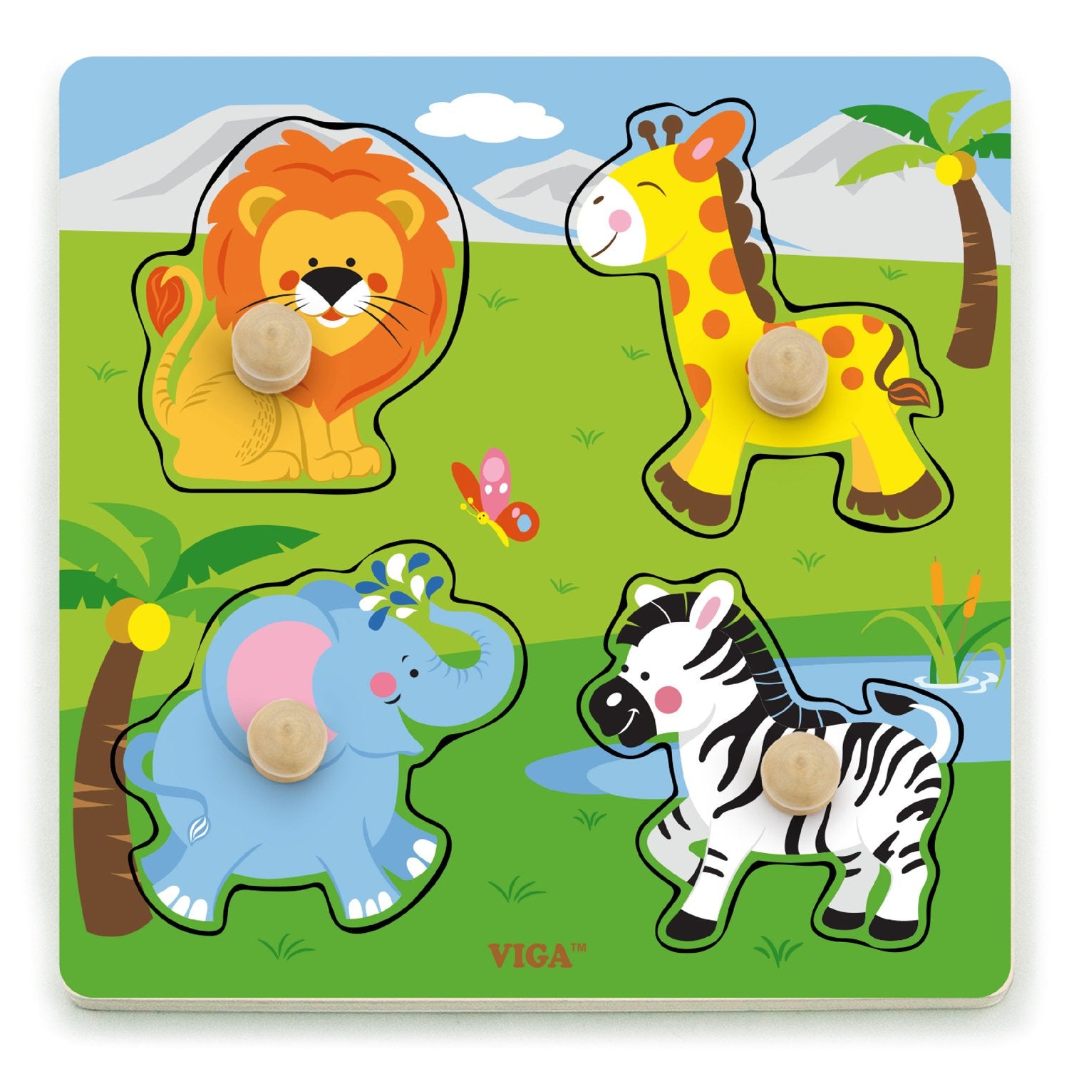 VIGA Wild Animals Big Wooden Knob Puzzle - 5 Pieces | Ages 12 Months+ 1