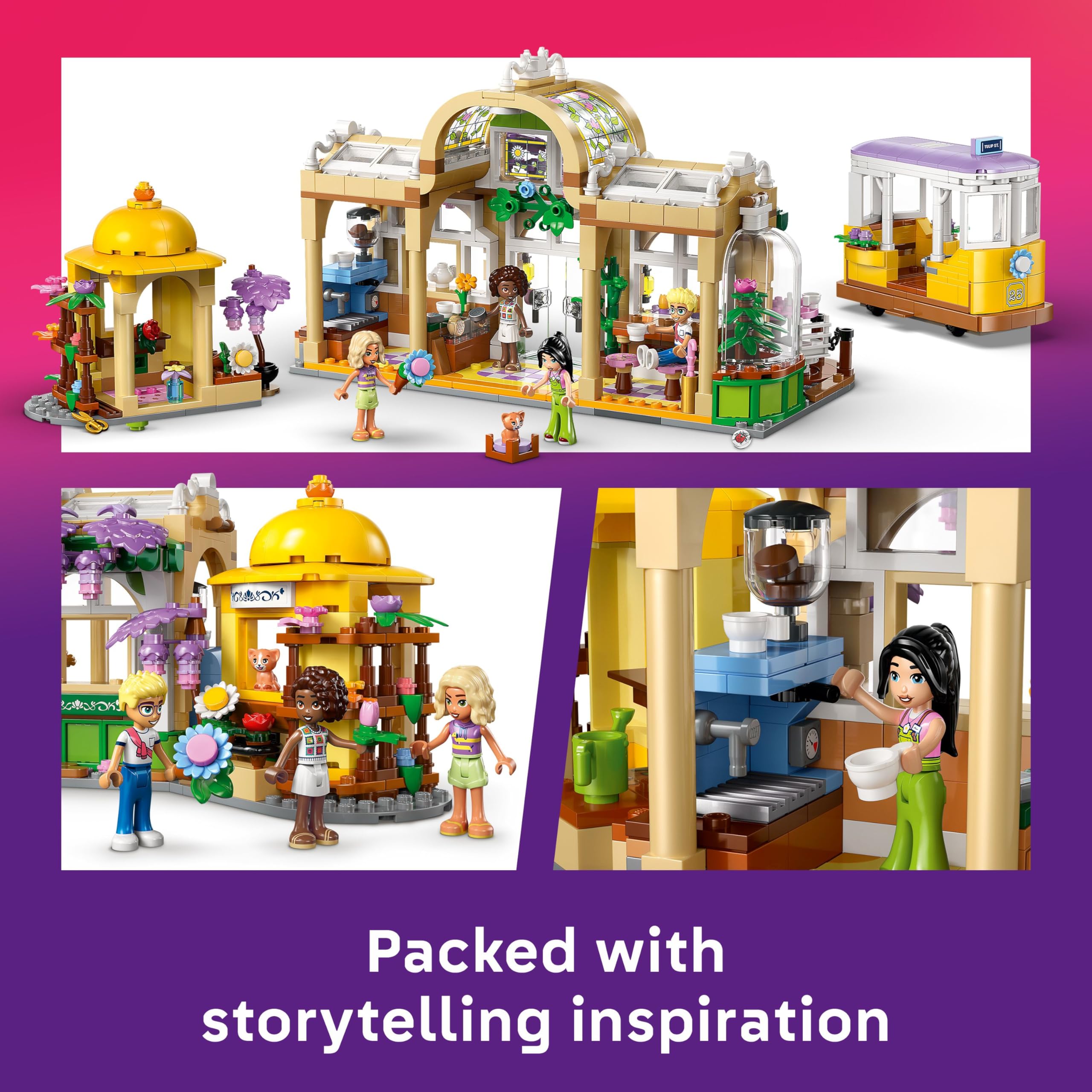 LEGO Friends Plant Café & Flower Shop - Building Set with 4 Mini Dolls and Tram, 1138 Pieces