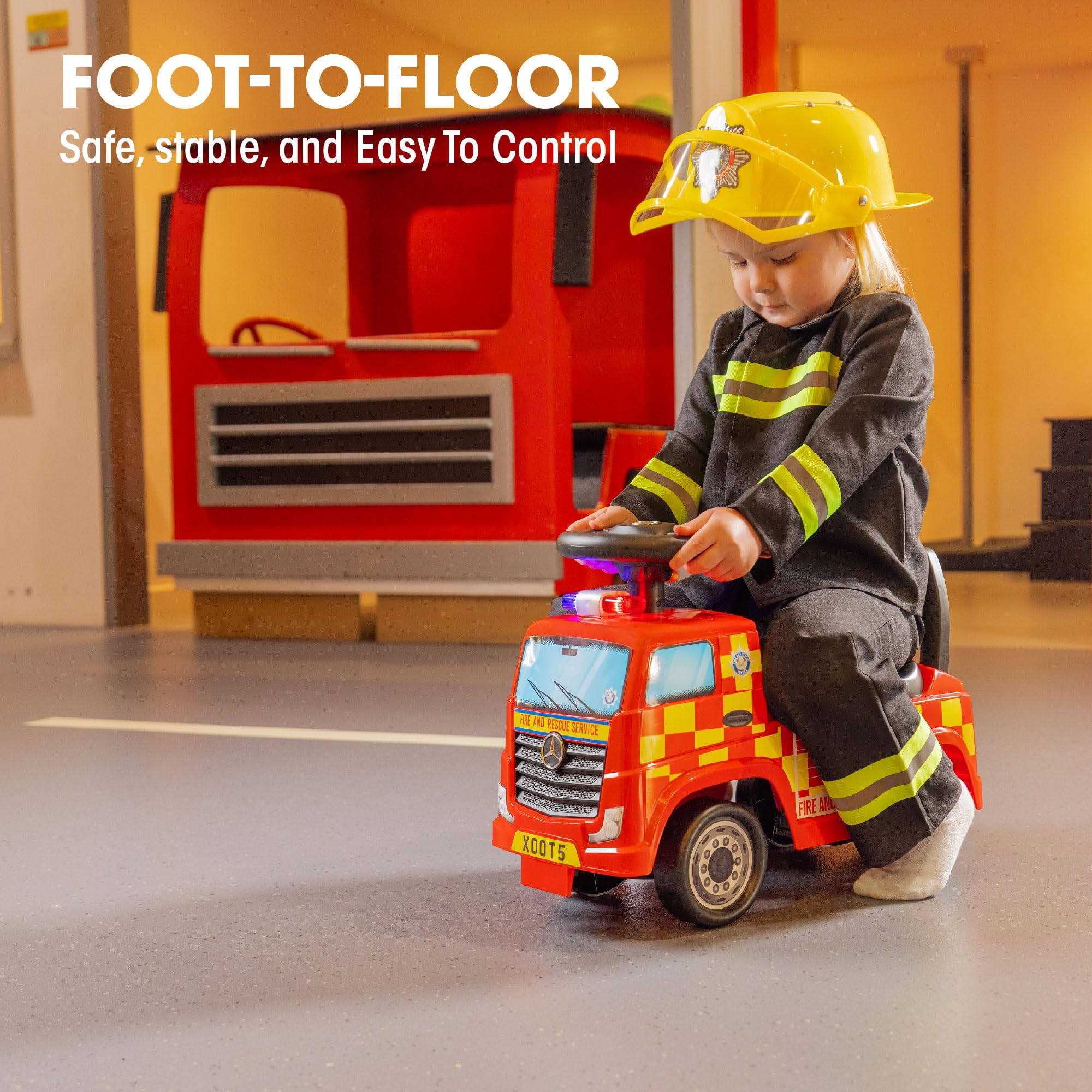 Xootz Mercedes-Benz Fire Engine Foot to Floor Ride On - Red Manual Ride-On Toy for Kids 5