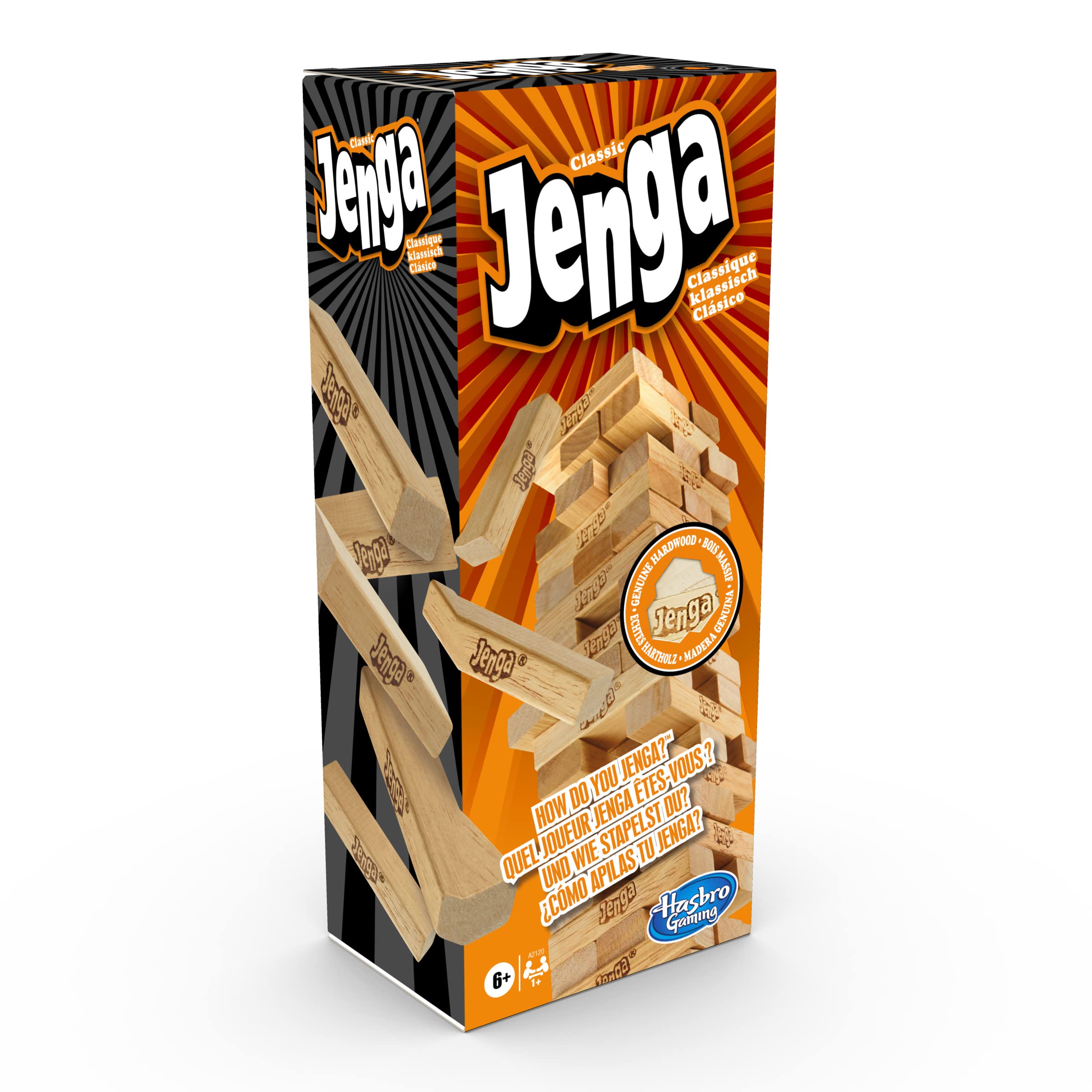 Hasbro Gaming Jenga Classic Stacking Game, Outdoor Family Fun for Kids Ages 6+, 54 Wooden Blocks with Stacking Sleeve 1