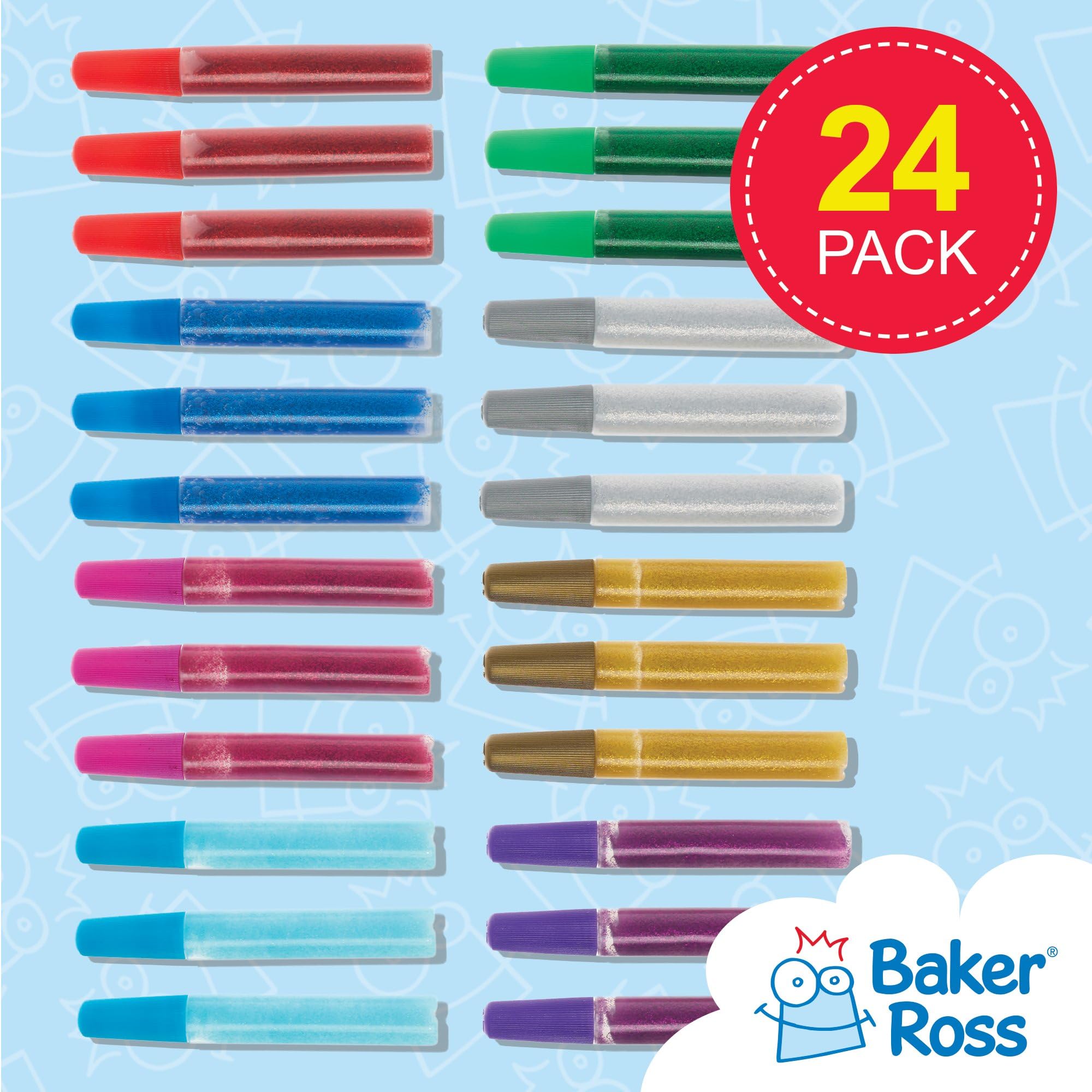 Baker Ross Glitter Glue Pens - 24 Pack Assorted Colours for Kids Arts & Crafts | 10ml Tubes