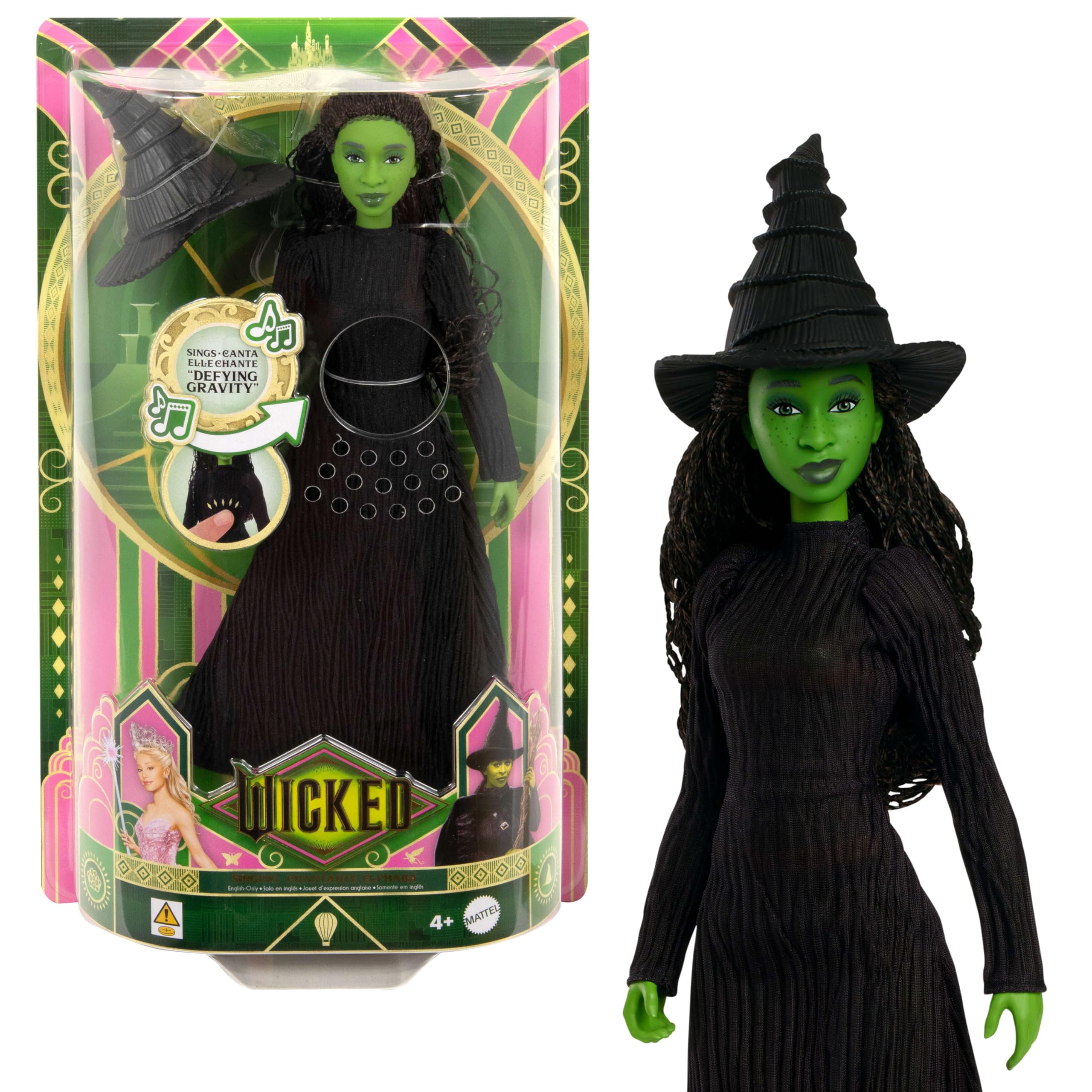 Mattel Wicked Singing Elphaba Fashion Doll & Accessories - Posable Musical Doll with Green Skin, Braided Hair, and Removable Dress 1