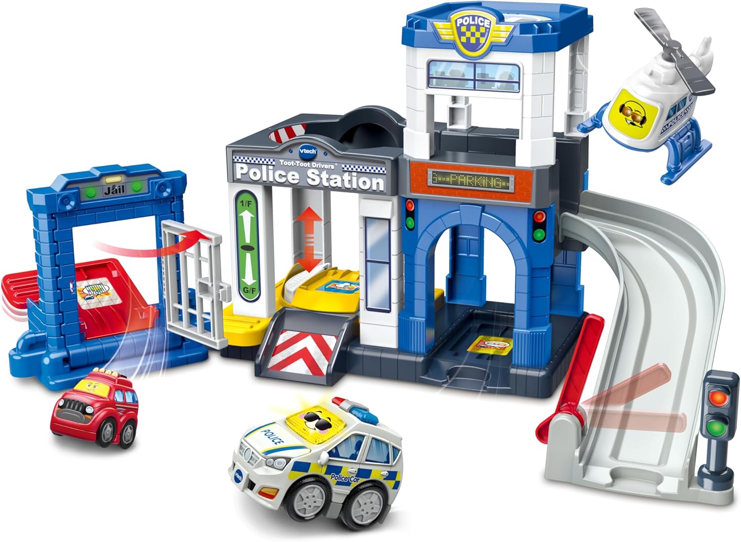 VTech Toot-Toot Drivers Police Station Playset - Interactive Vehicle Playset with Police Car, Helicopter & Jailbreak Features 1