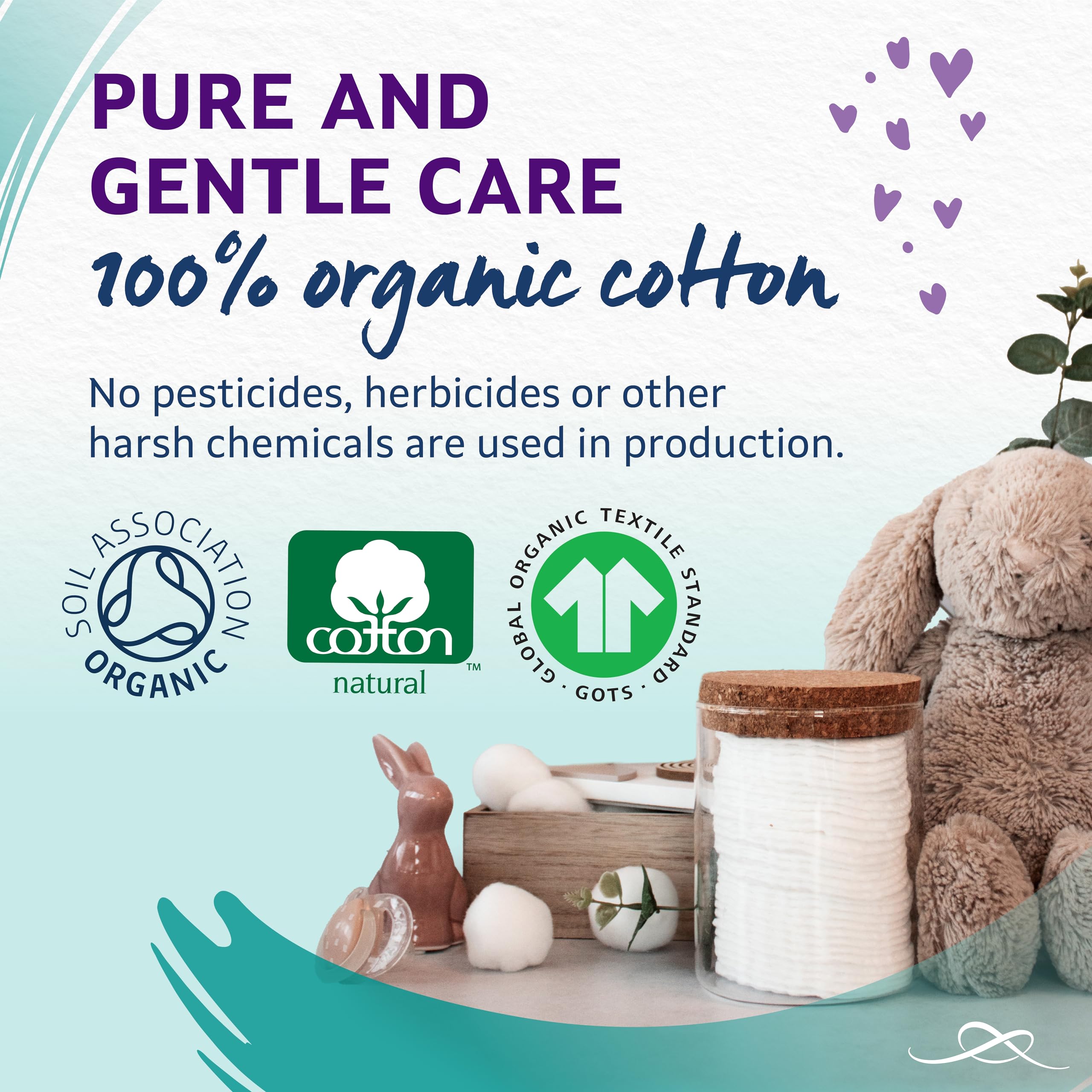 Lil-Lets Baby Cotton Wool Oval Pads - 100% Organic Cotton, Gentle on Newborn Skin, Pack of 50