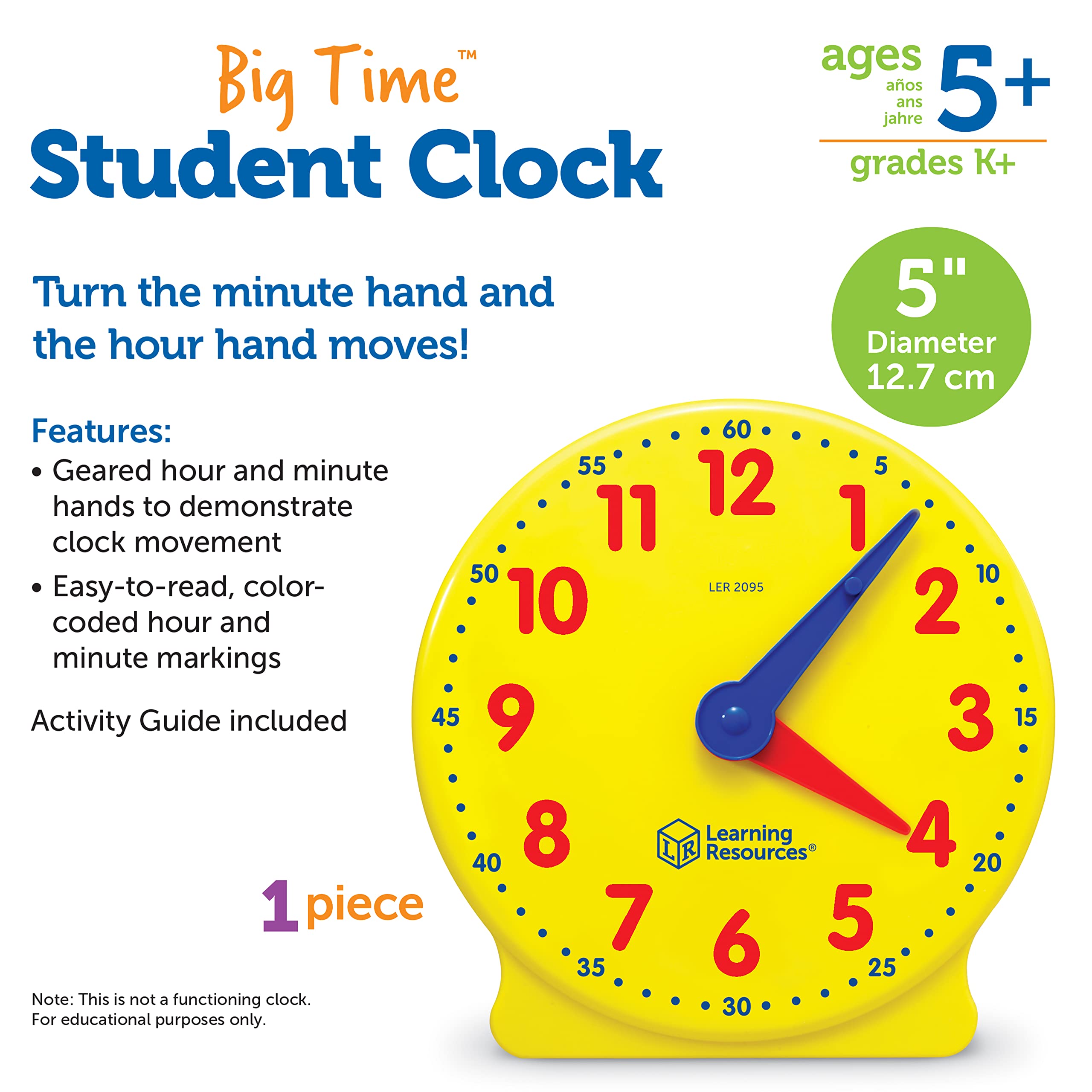 Learning Resources Big Time Student Clock - Geared 12-Hour Teaching Clock for Kids 5-9 Years 11