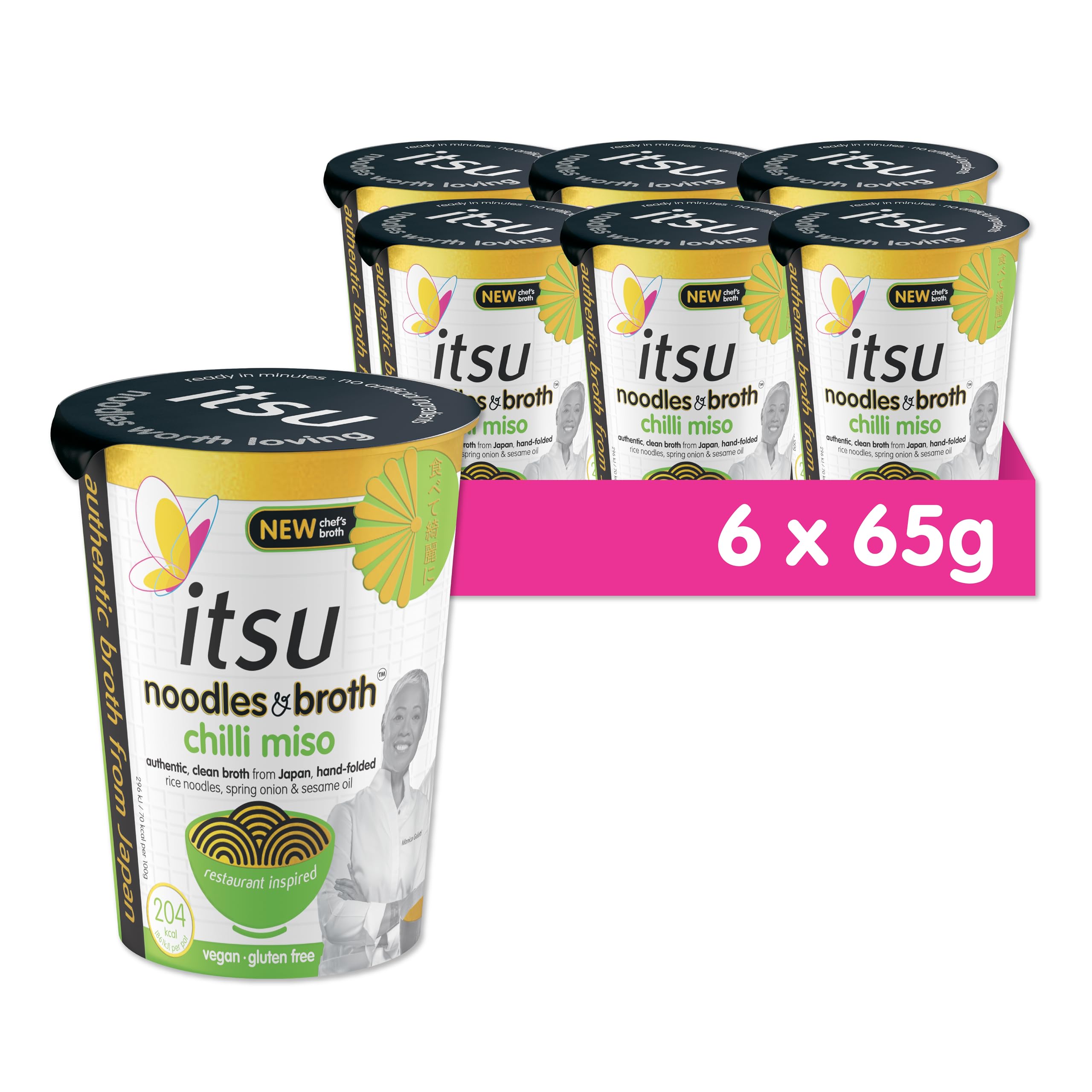 Itsu Chilli Miso Instant Noodles & Broth Pot 65g - Pack of 6 | Gluten Free | Vegan | Low Fat | 204 Calories | Hand-Folded Rice Noodles