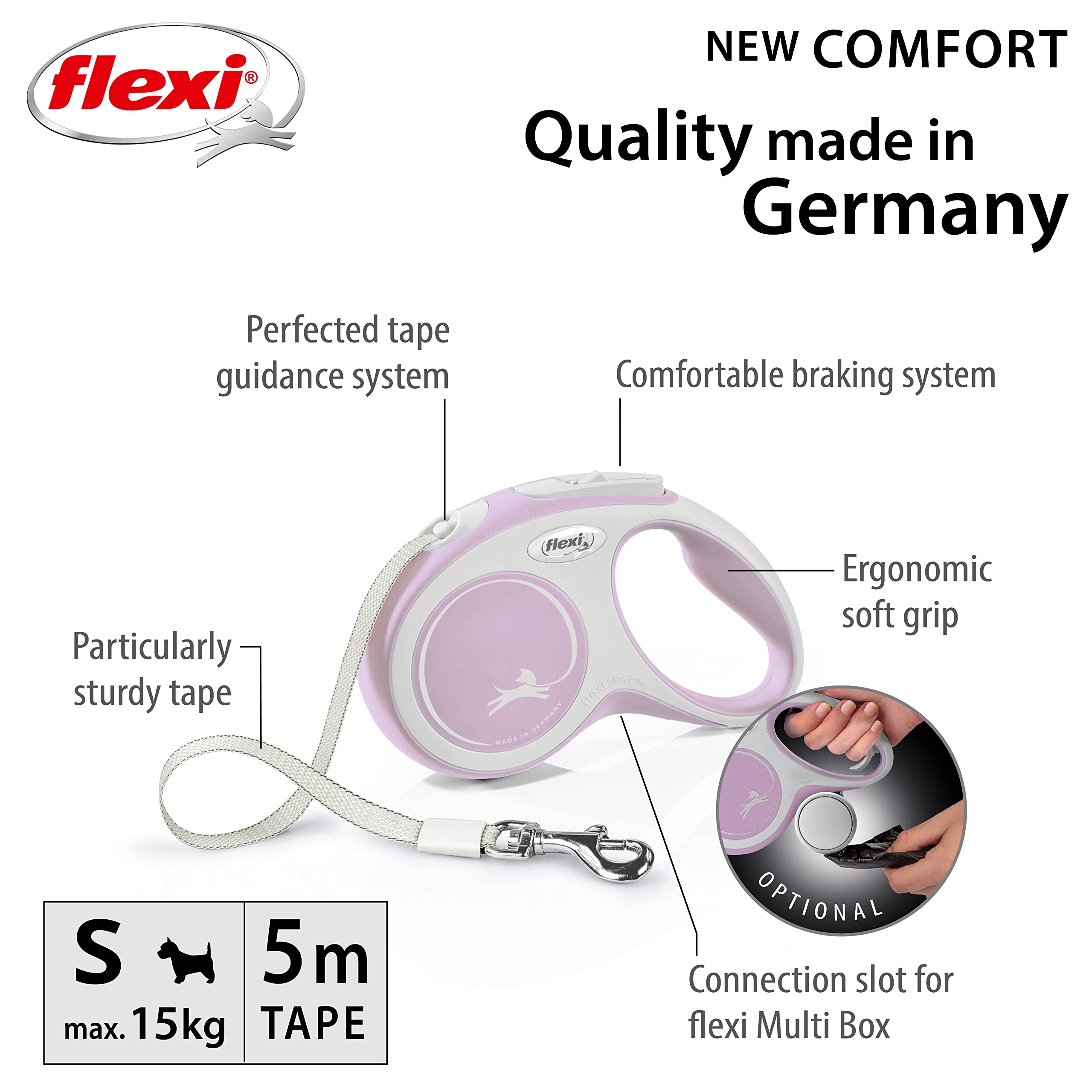 flexi New Comfort S Tape Retractable Lead | 5m Tape Leash | Max 15kg | Rose & Grey