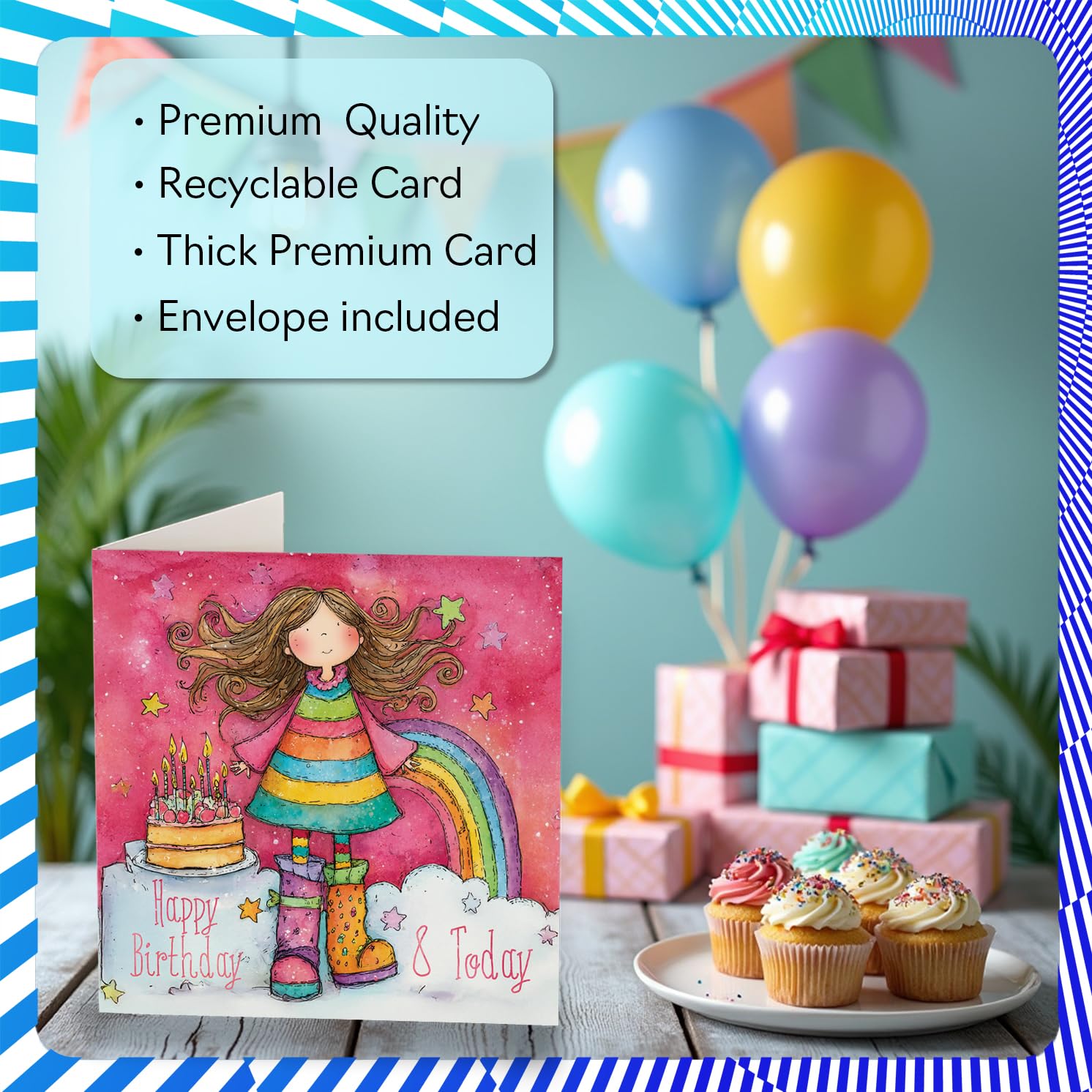 Stuff4 Girls 8th Birthday Card - Rainbow Cake Design | 145mm x 145mm | Blank Inside 3
