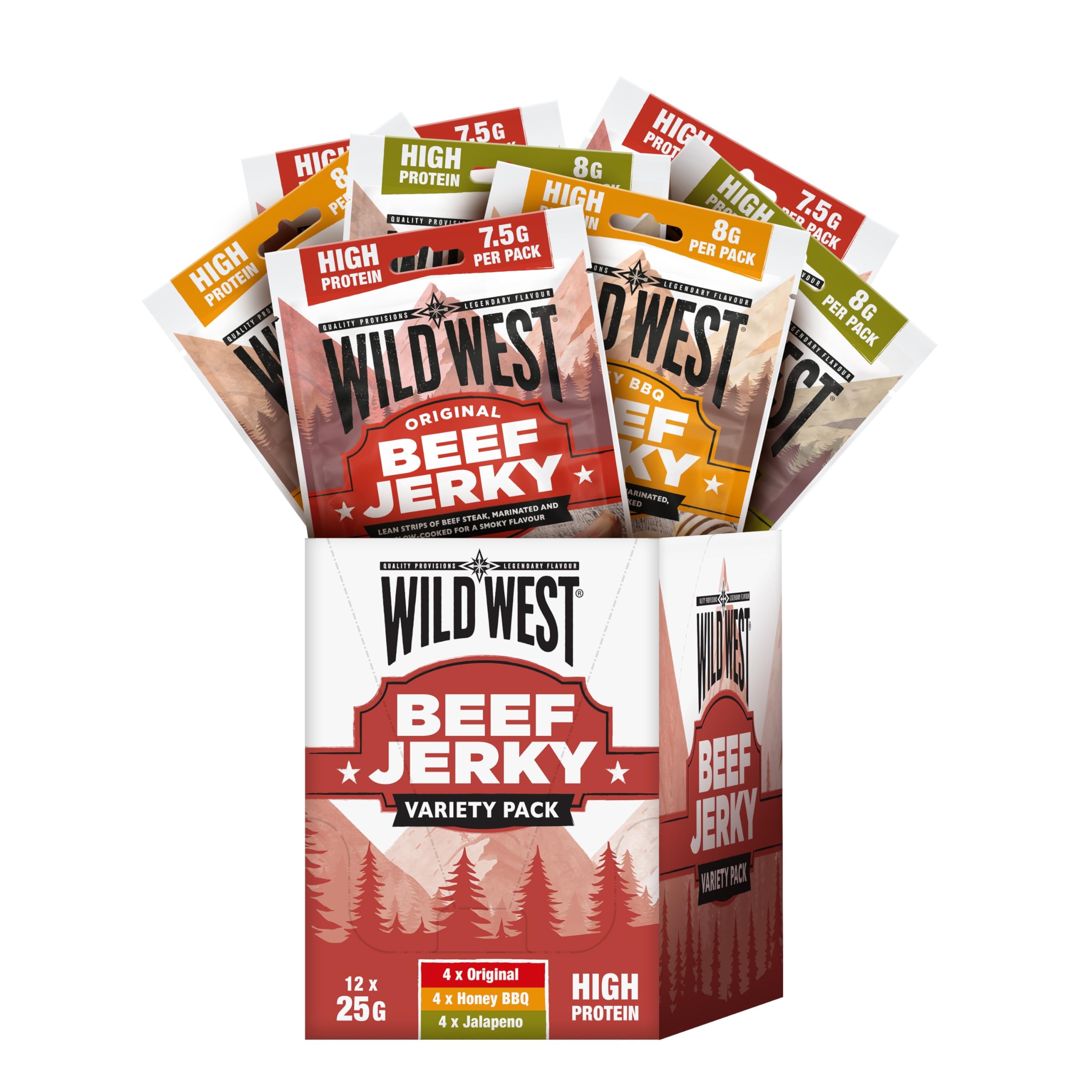Wild West - Beef Jerky Variety Pack 12 x 25g (Original, Honey BBQ, Jalapeño)