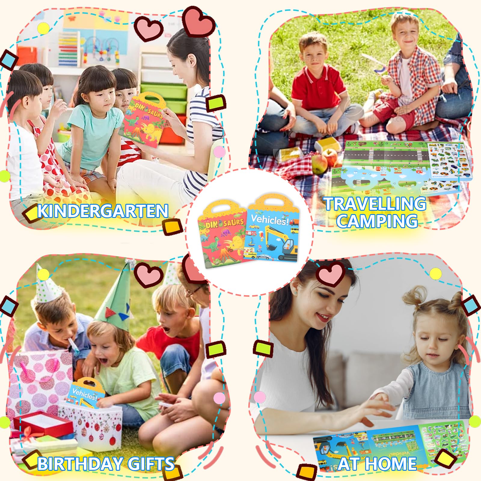 MOXYOY 2 Pack Reusable Sticker Books for Kids - Dinosaur & Vehicle Themes, Educational DIY Toys for Ages 3+ 5