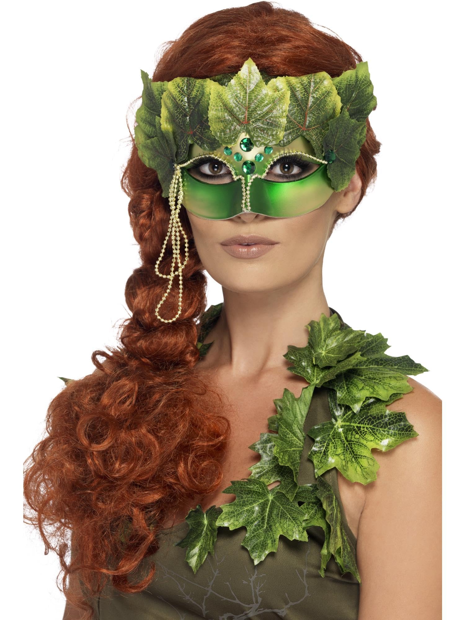 Smiffys Forest Nymph Eyemask - Green with Fabric Leaves and Jewels | Adult Fancy Dress Accessory