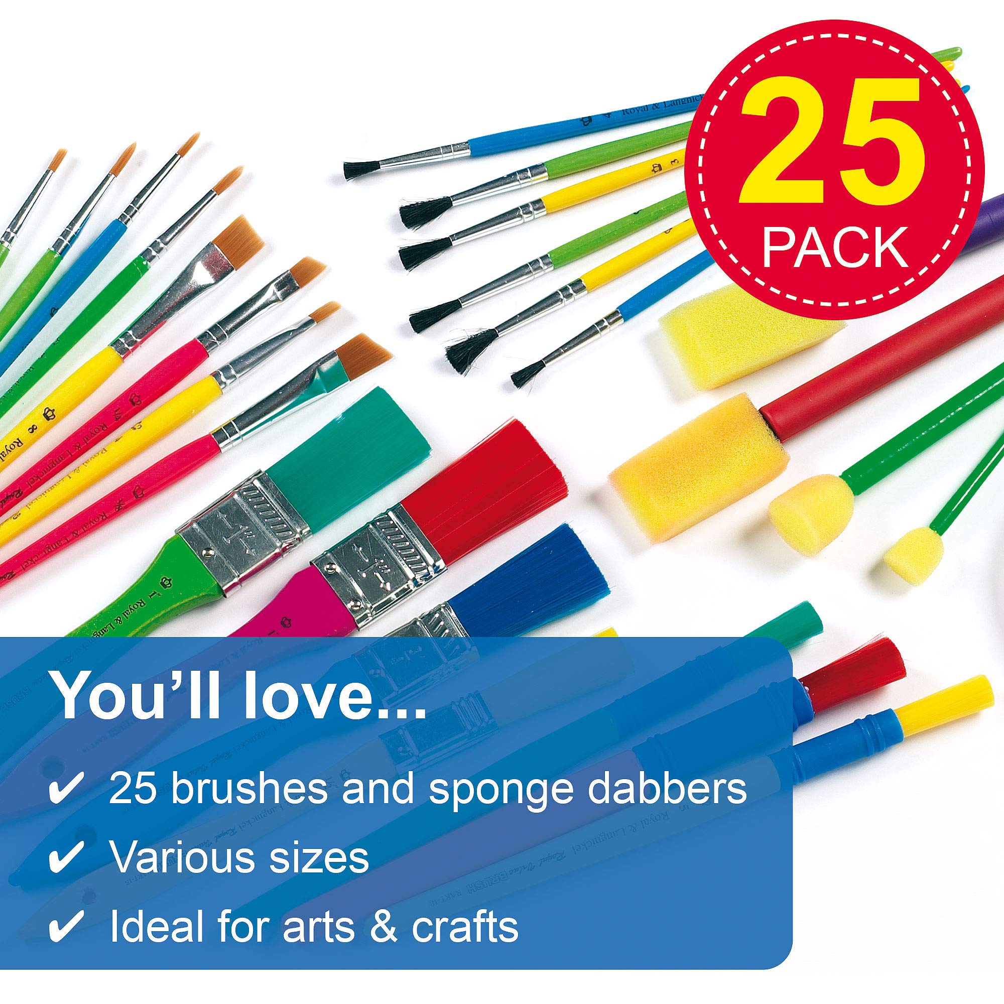 Baker Ross Kids Paint Brush Set - 25 Piece Assorted Sizes with Foam Dabbers