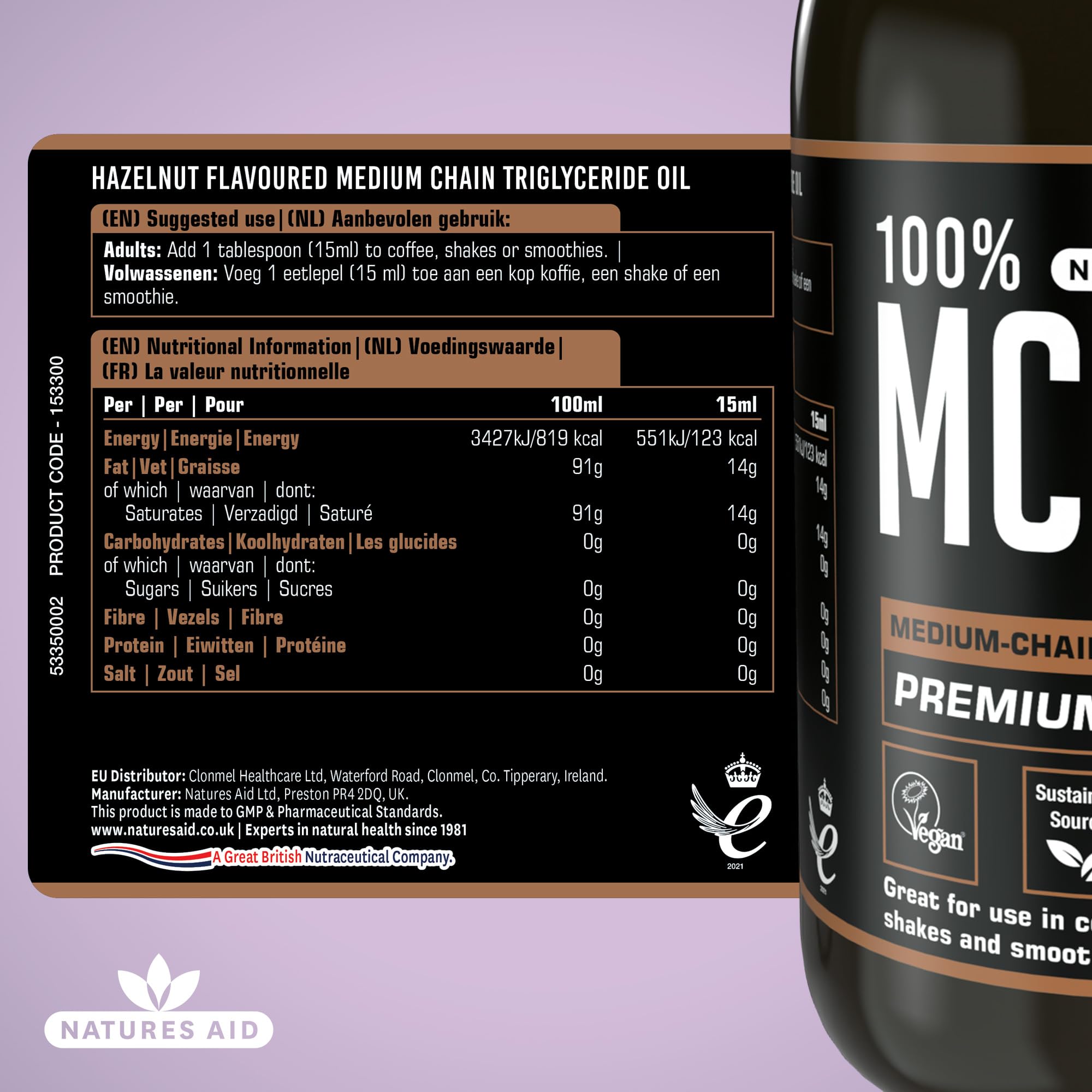Natures Aid MCT Oil - Hazelnut Flavoured | 100% Pure Coconut Oil | 500ml 5