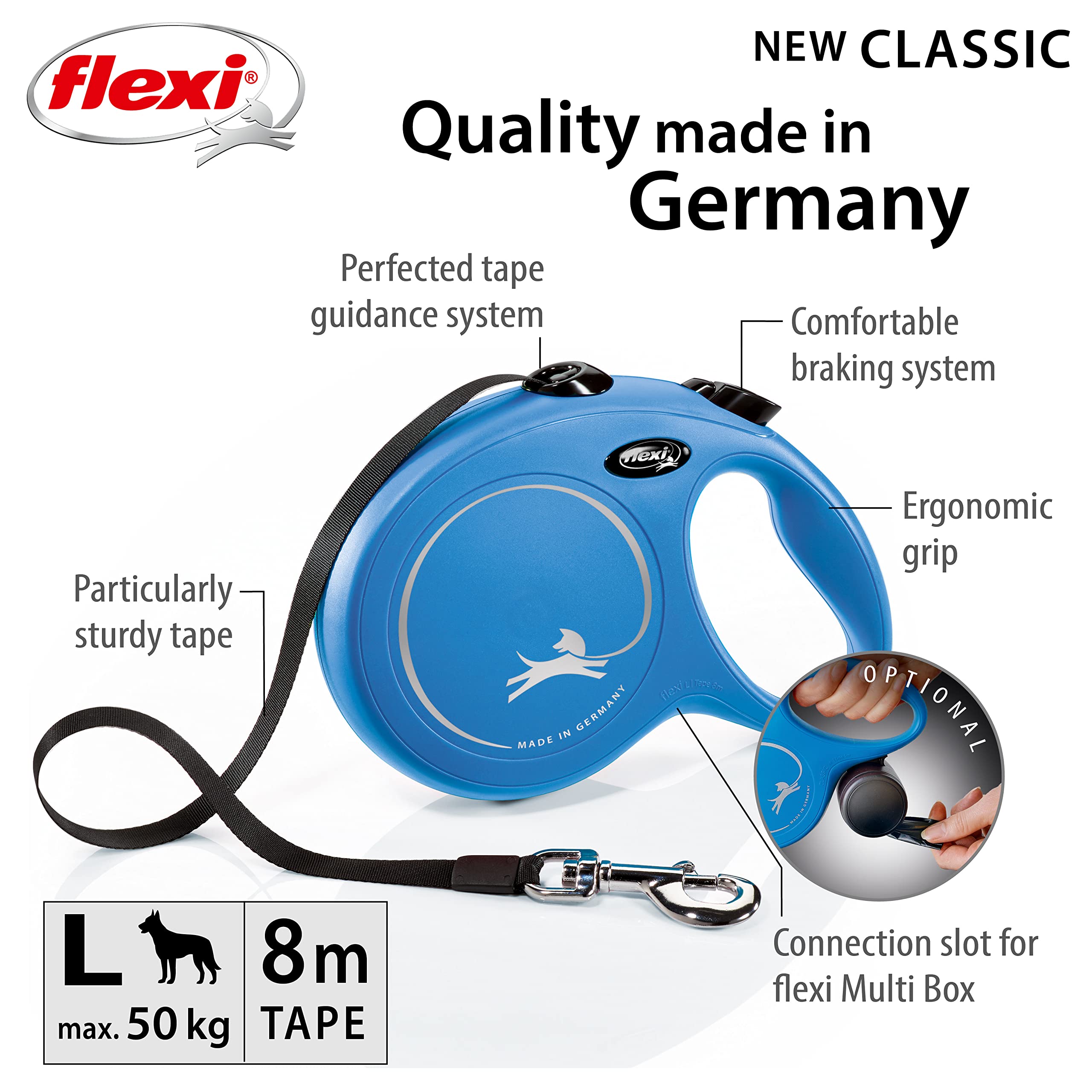flexi New Classic Retractable Lead - 8m Tape for Dogs up to 50kg | Blue | L Size