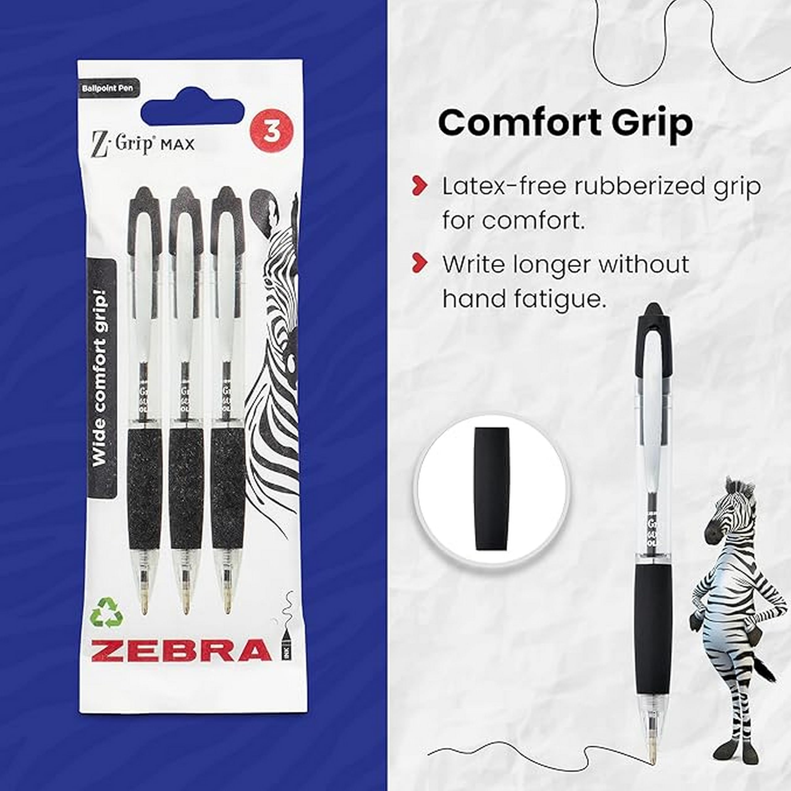Zebra Pen Z-Grip MAX Black Ballpoint Pens - 1.2mm Medium Point, Retractable, 3 Pack 3