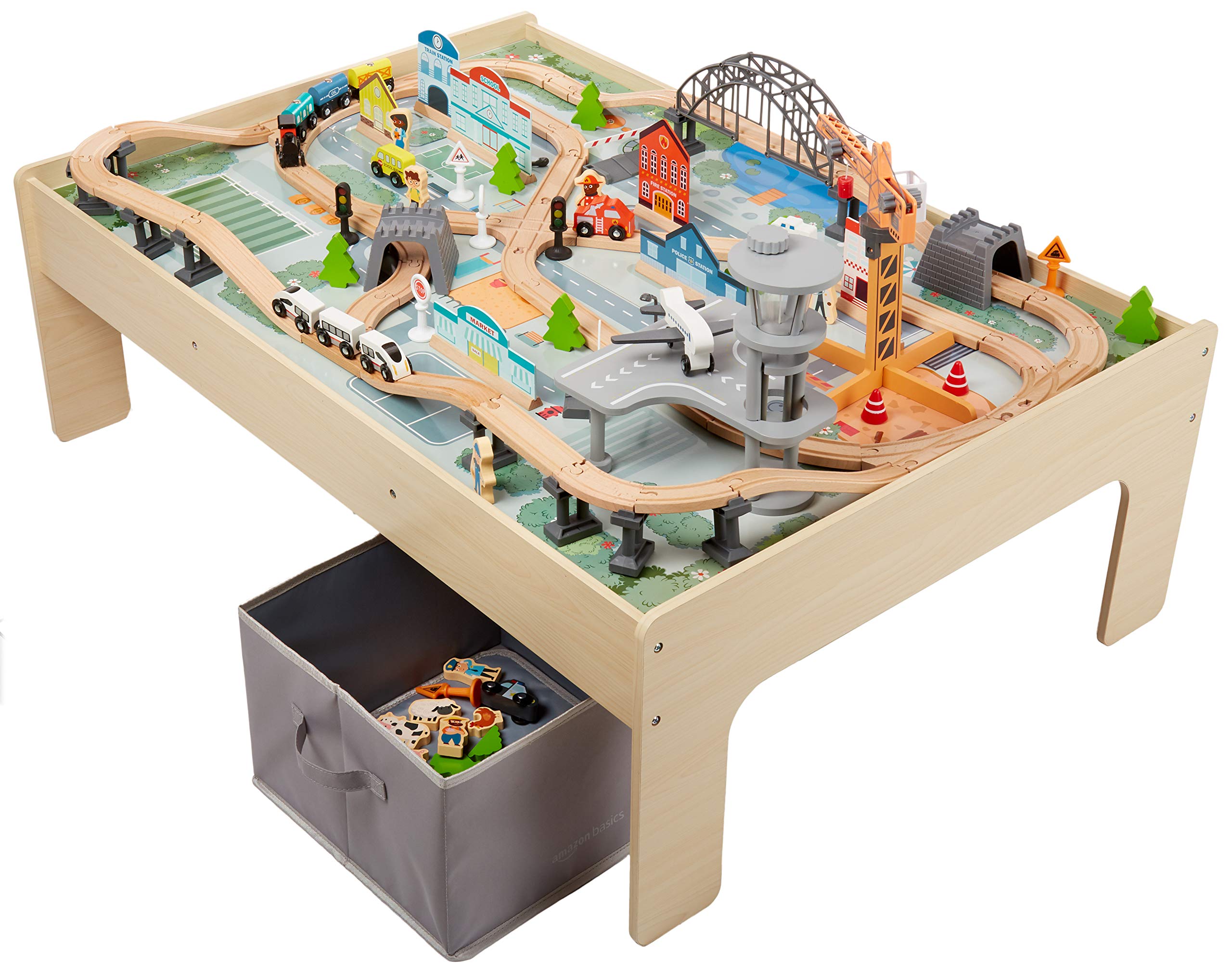 Amazon Basics 120-Piece Wooden Train Set and Table with Interactive Accessories | Multicolor | 120.4 x 85 x 41 cm 3