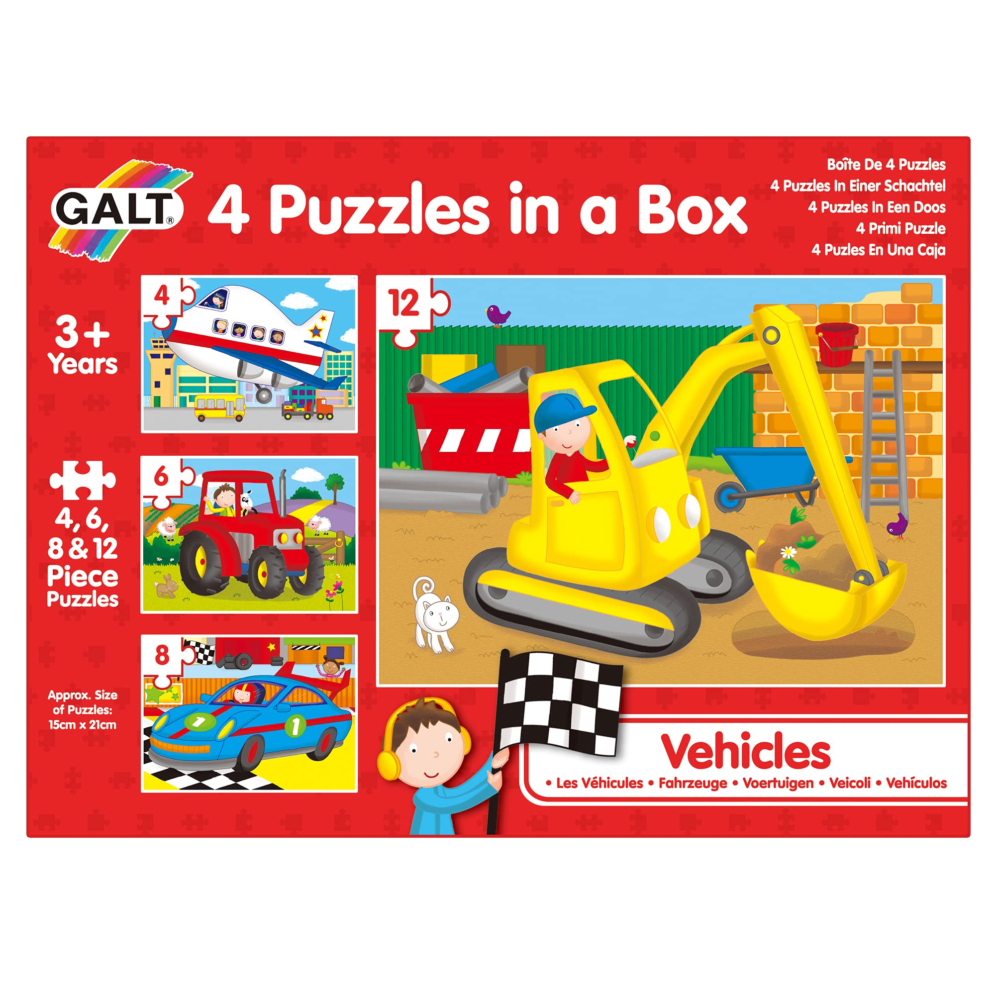 Galt 4 Puzzles in a Box - Vehicles | Ages 3+ | 4, 6, 8, & 12 Pieces 1