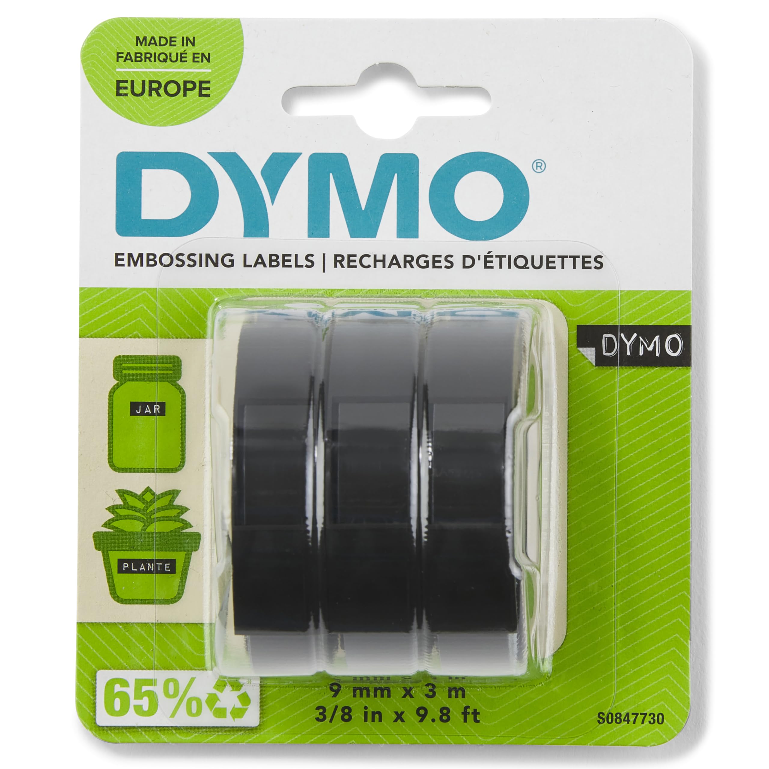 Dymo Authentic Embossing Label Tape - 9mm x 3m Rolls | White Print on Black | 3 Count